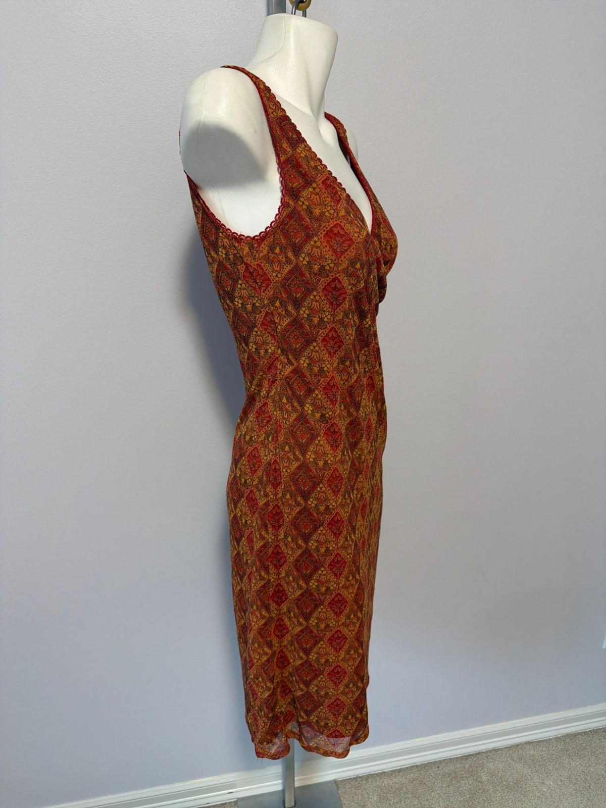 Vintage Y2K Abstract Graphic Print Sheer Mesh Layered Dress Fairycore Sz Medium