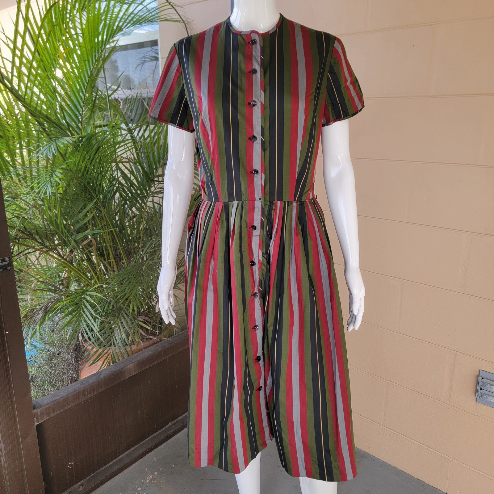 Vintage Bobbie Brooks 60s Striped Day Dress Red Black Green Grey Women Size S/6