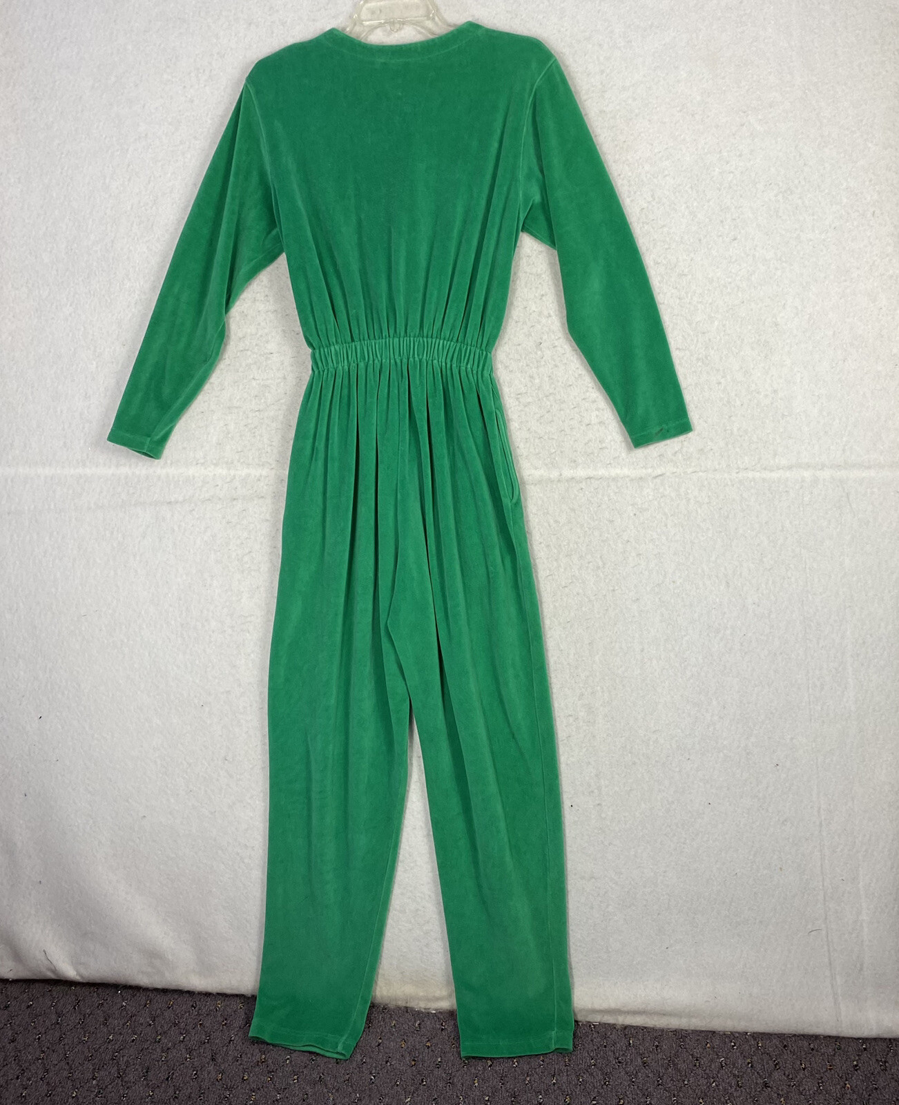 VTG Green Velour Jumpsuit Button Up Long Sleeve S 80s 90s Pockets High Rise