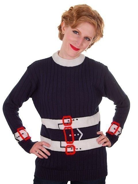 VTG 70s Navy Blue Pullover Sweater M Acrylic Red White Belt Graphic Korea Mod