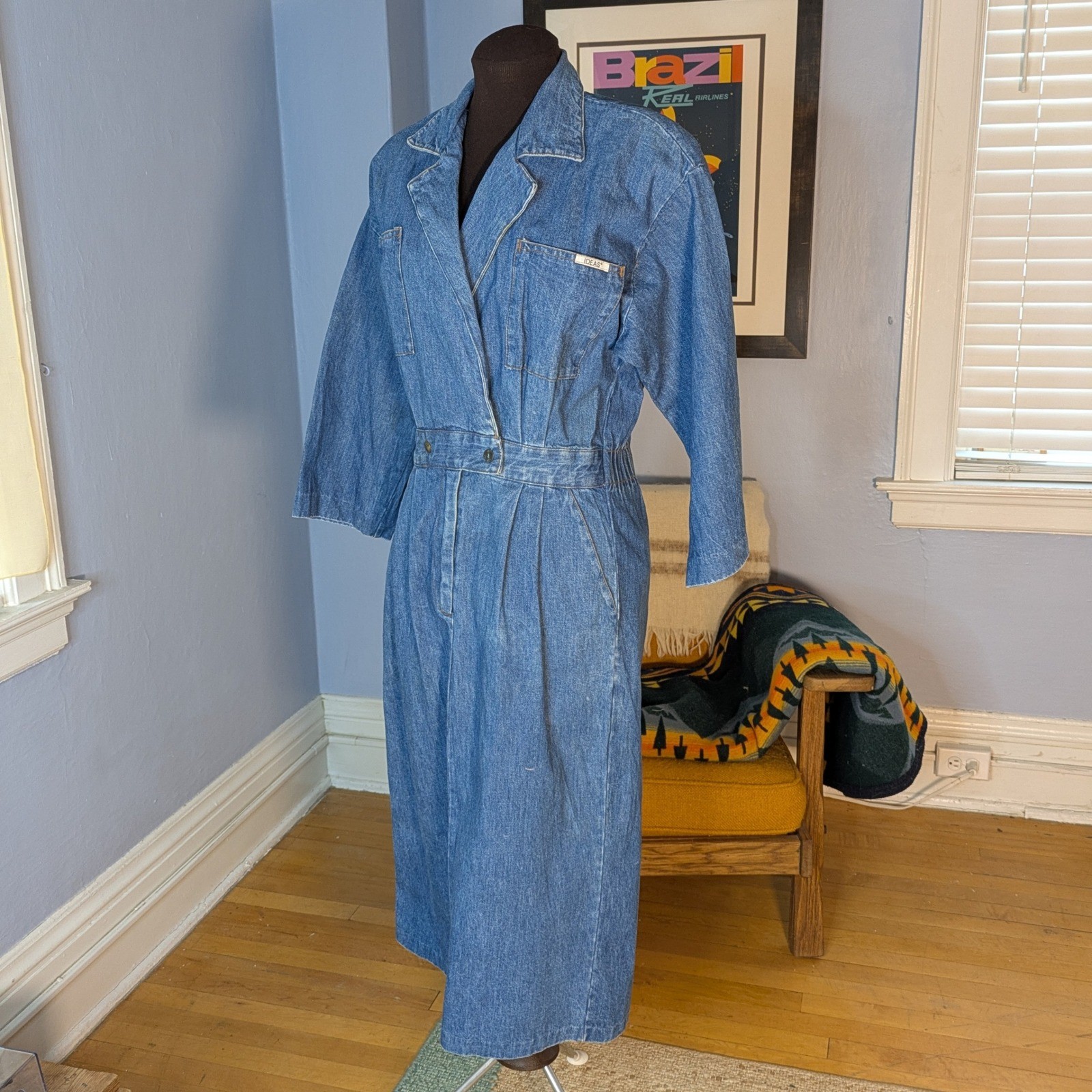 Vintage Ideas Denim Midi Dress Blue Wash 3/4 Sleeve Button Waist Size 9/10 80s