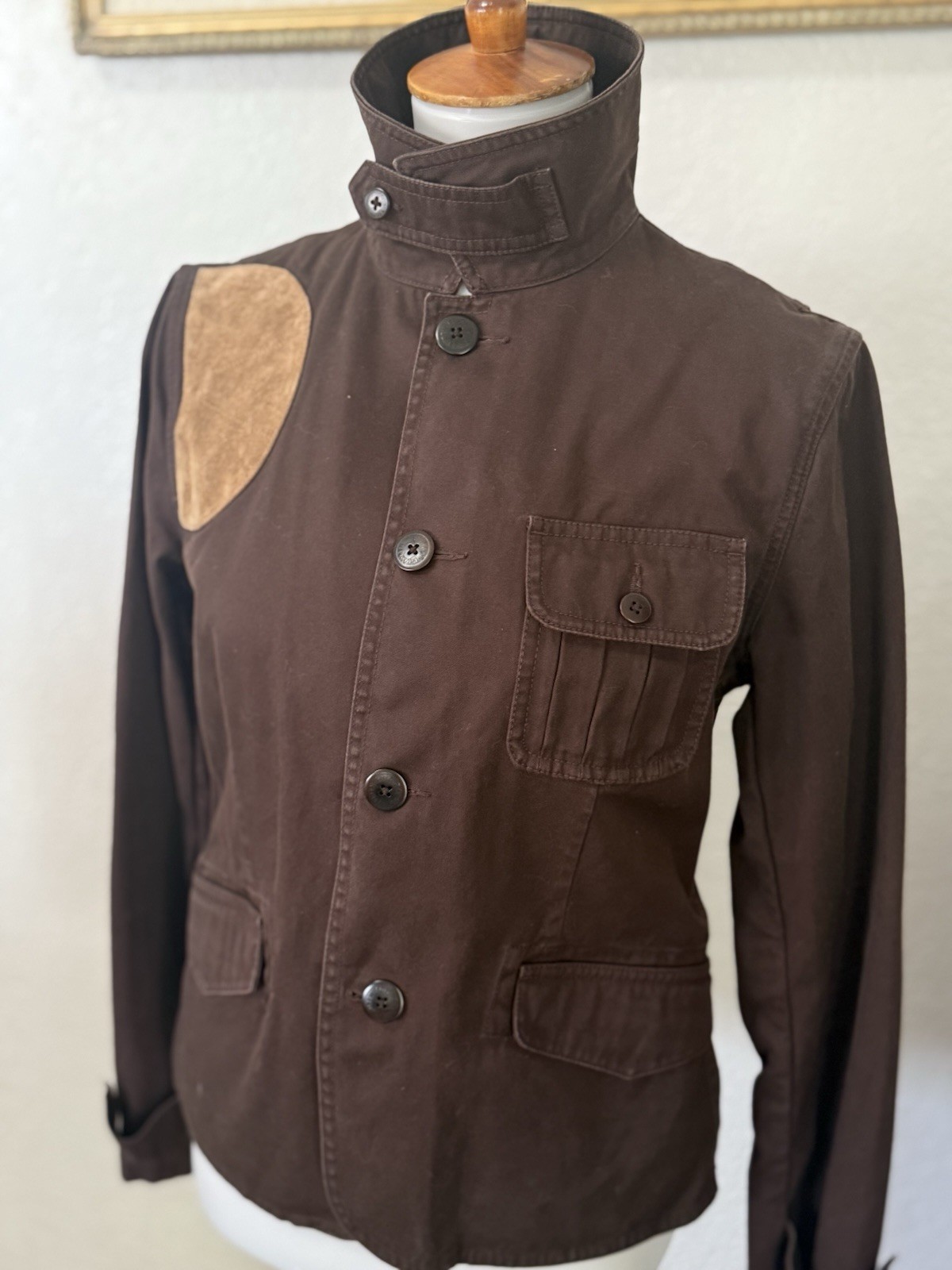 Vintage Ralph Lauren Army Brown Utility Riding Jacket Blazer Cotton Calf Suede 8