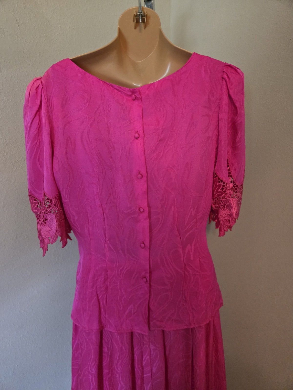 Vintage 80s Cloak of Many Colors Silk Skirt Set Pink Fuchsia Lace 2pc Faded Sz 8