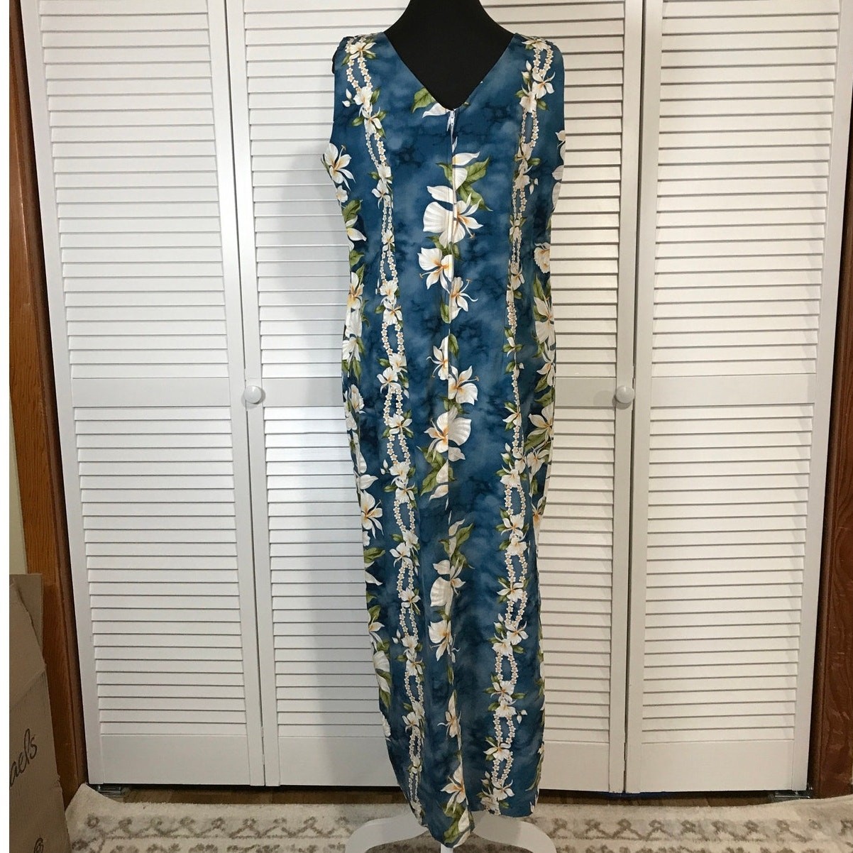 Jade Fashions Vintage Blue Hawaiian White Ginger Tank Maxi A-line Dress Women L