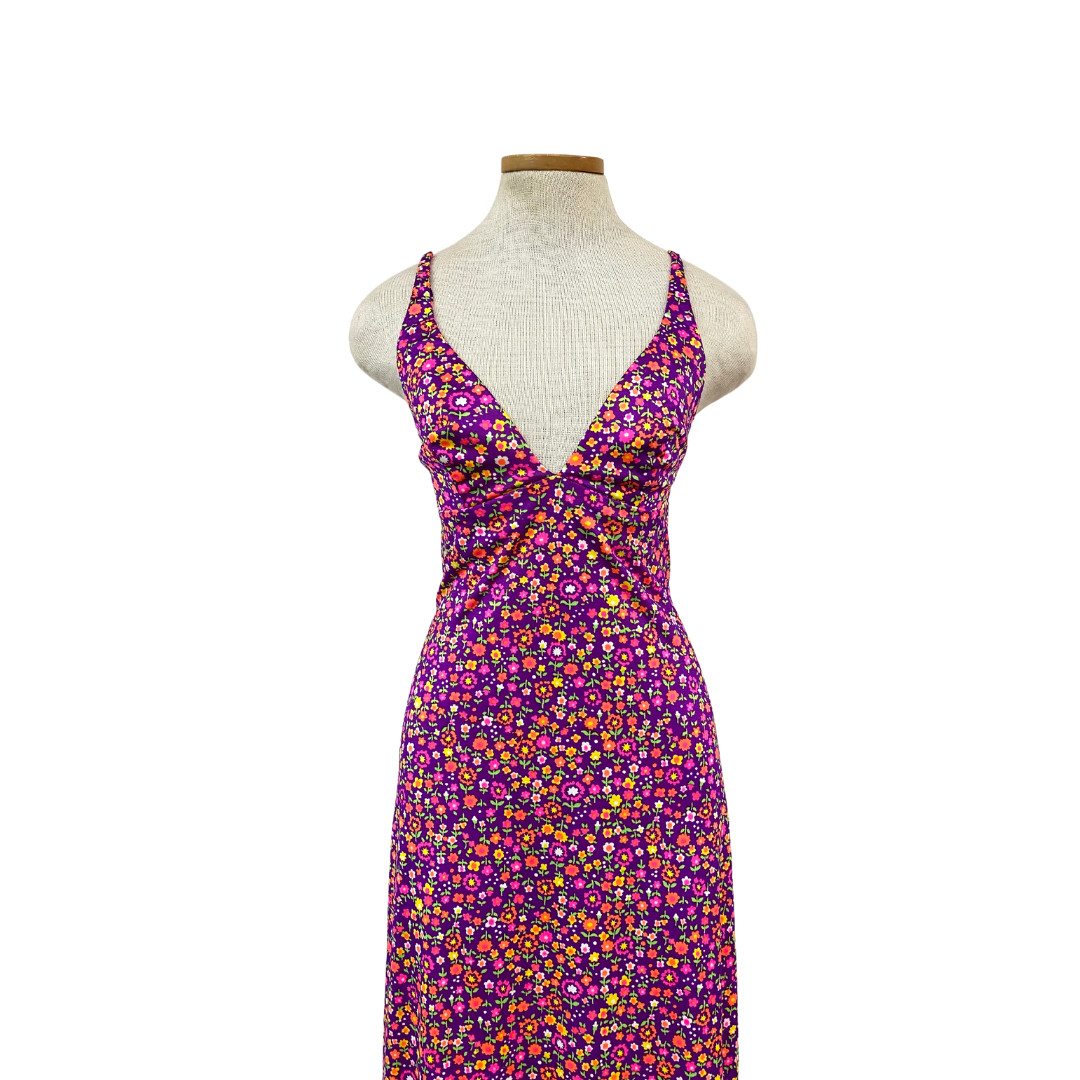 Vtg 70s High Tide California Strappy Crisscross Flower Power Dayglo Era Maxi