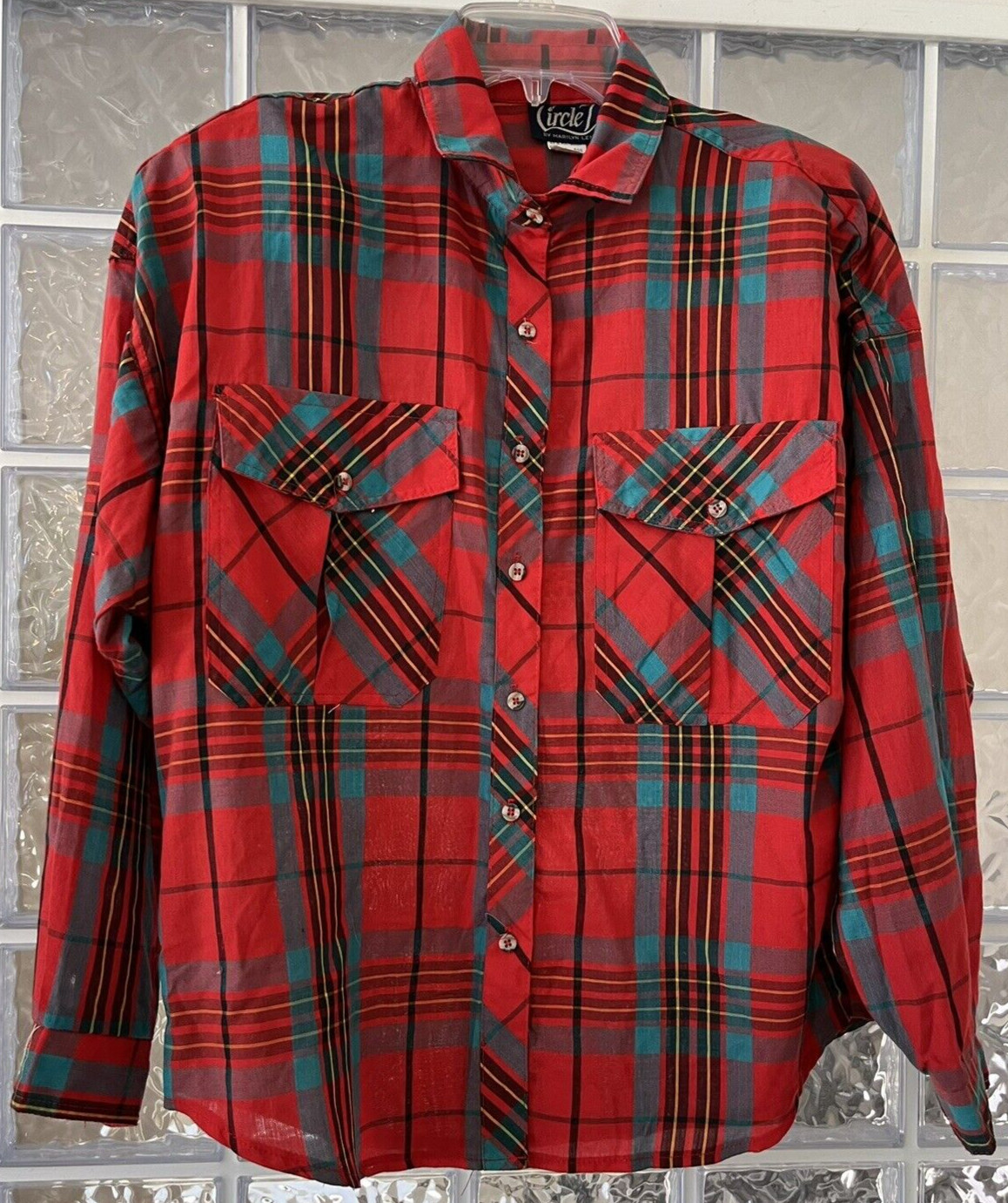 CIRCLE T by Marilyn Lenox Vtg Red Turquoise Plaid Western Button Down Shirt 9-10