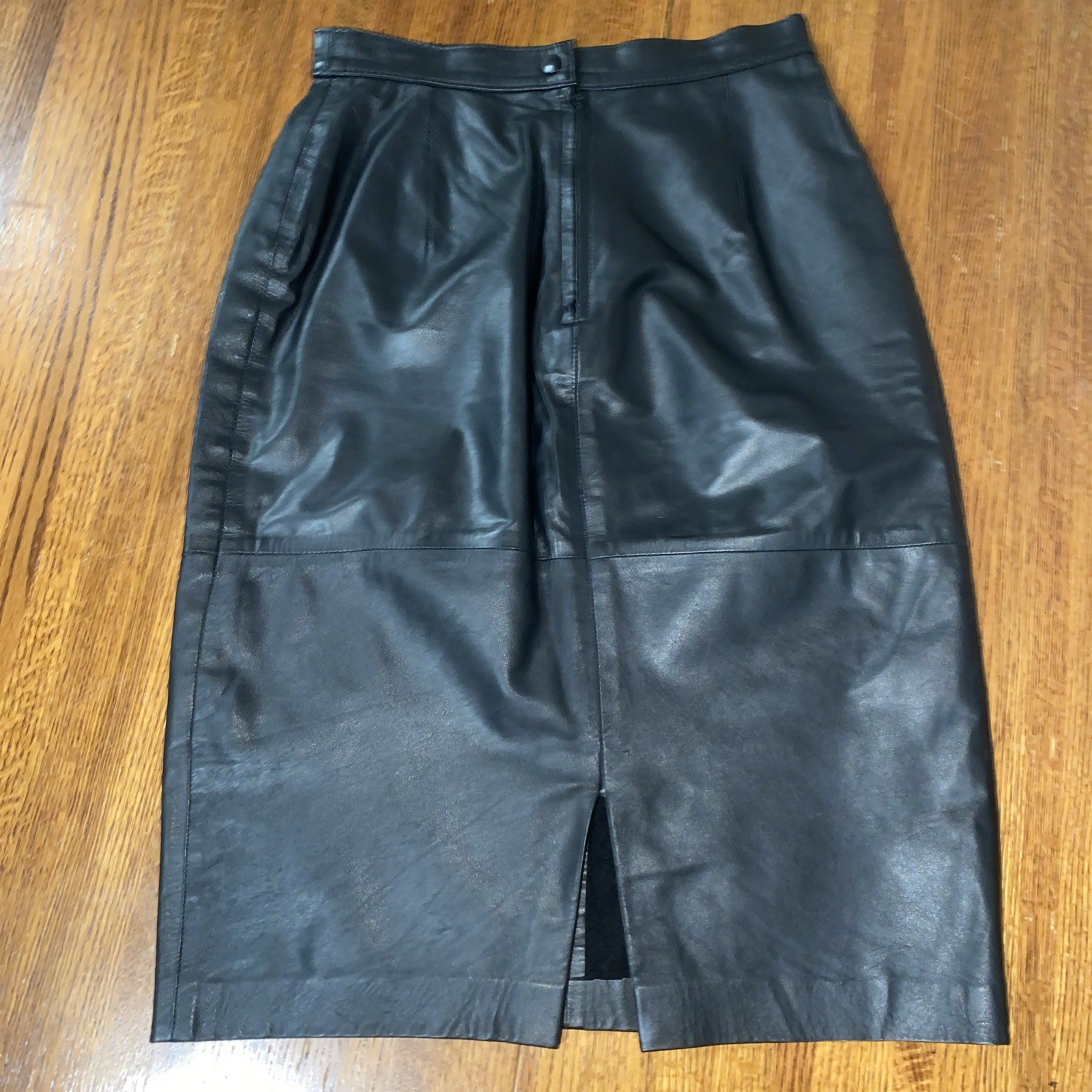Vintage Black Leather Skirt Size 13 High Waist Ankle Mid Length Leathercraft
