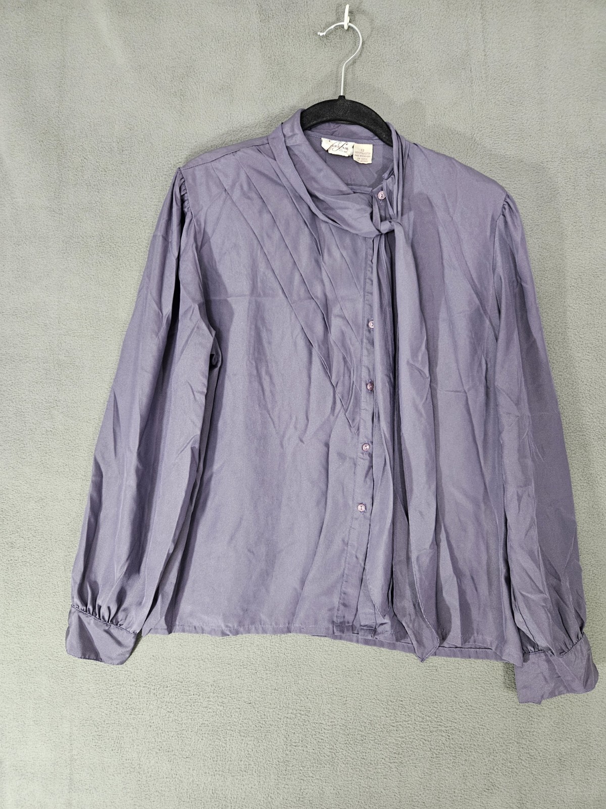 Vintage 80s York Fair Purple Button Down Blouse with Tie Collar Size 12