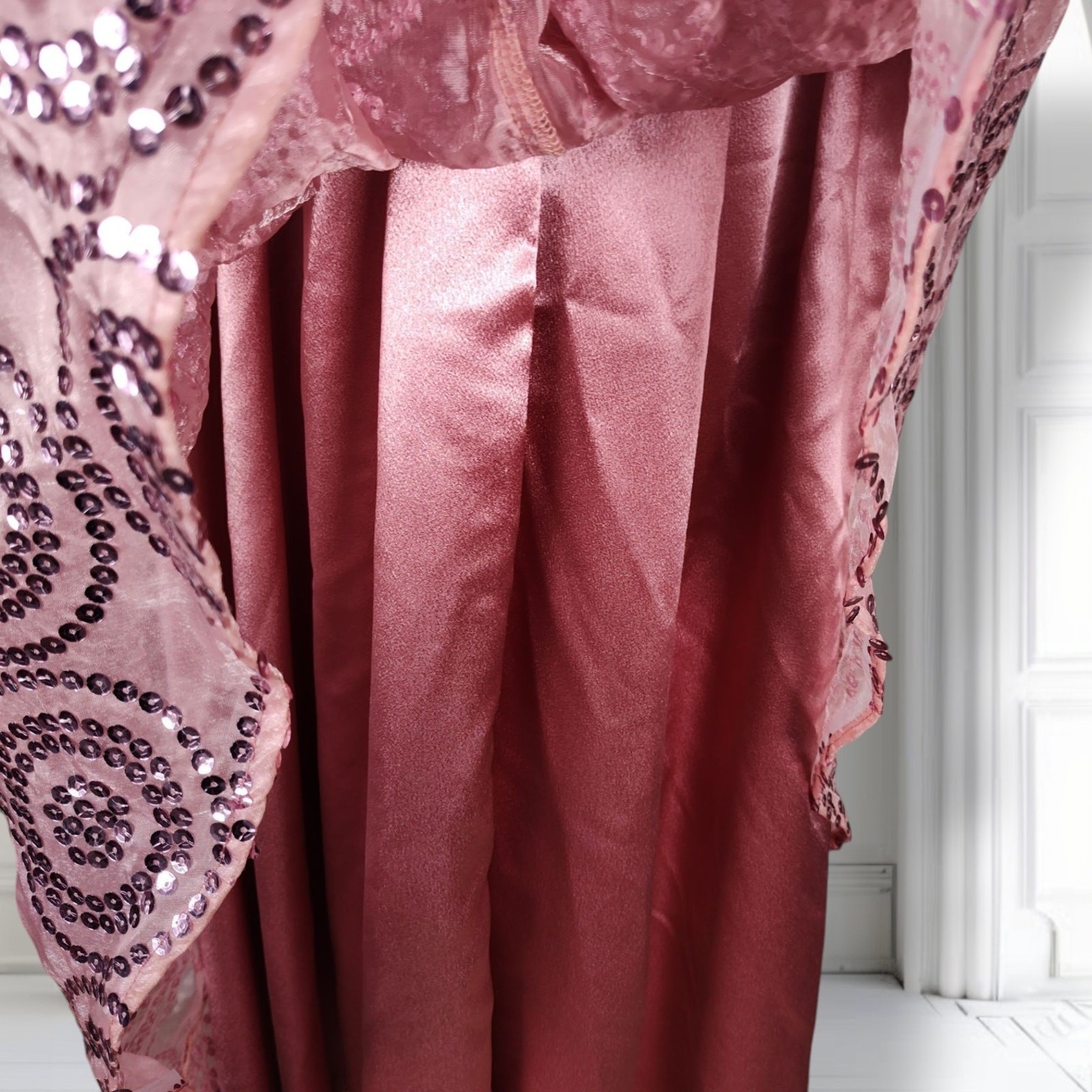 Vintage 80s Pink Sequin Formal Dress Size 12 Puff Sleeve Basque Waist