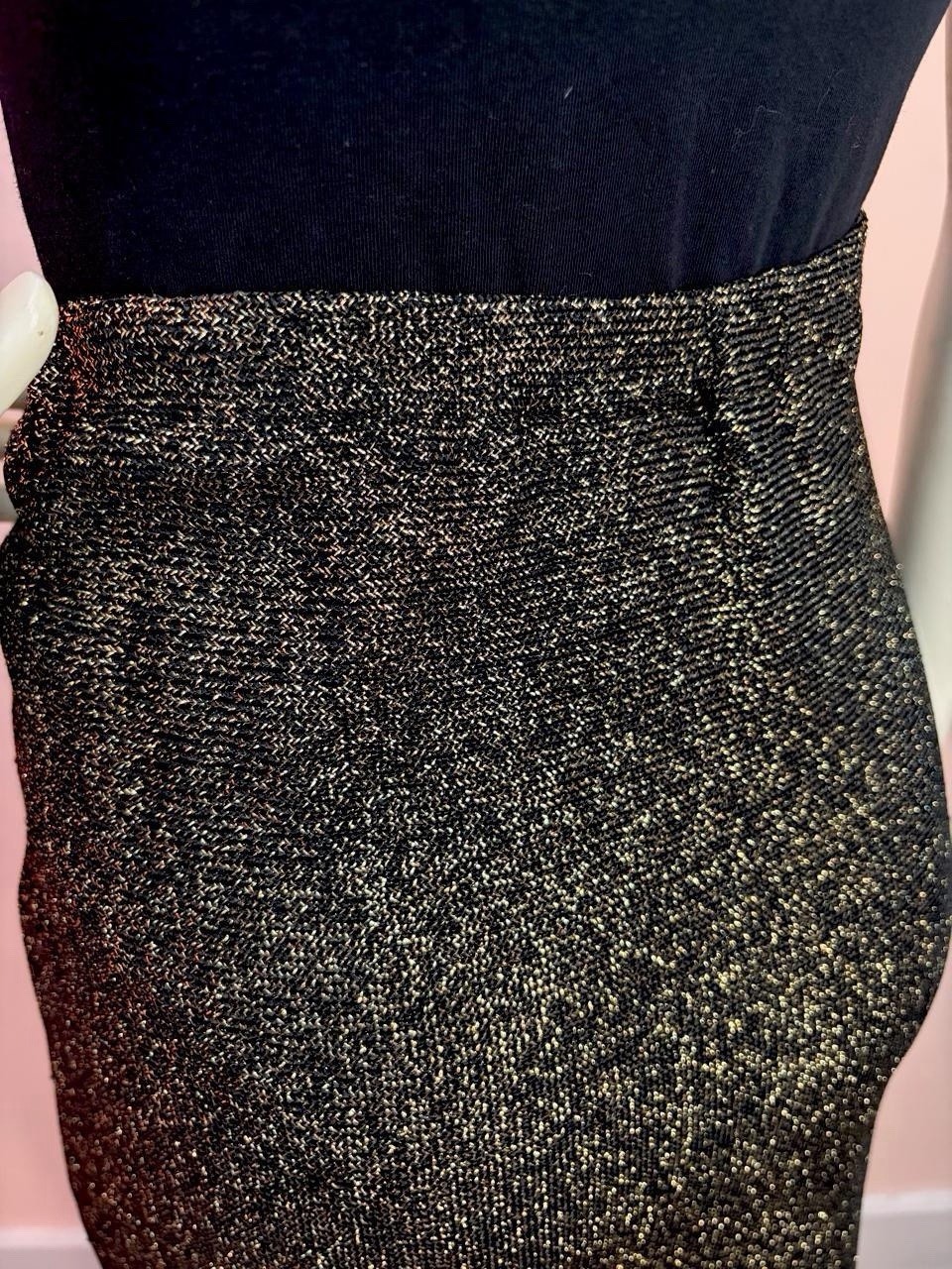 VTG 80s Halston III Metallic Knit Pencil midi Skirt Black/Gold Stretch disco M