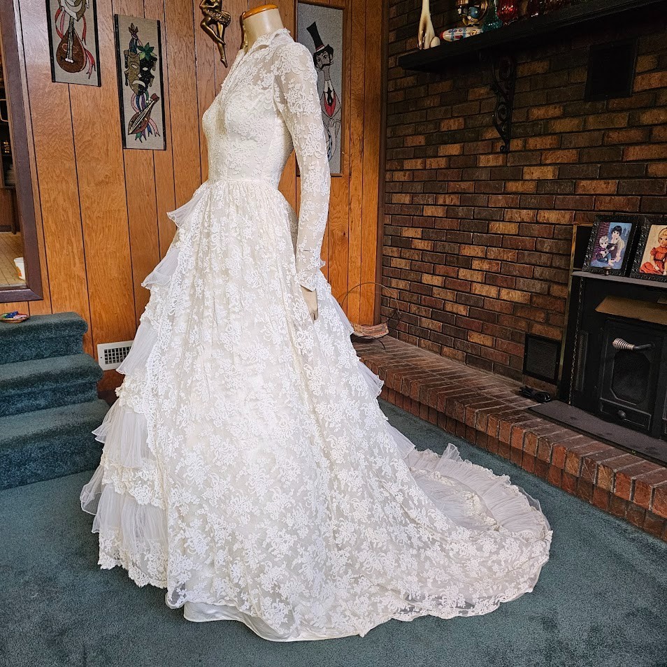 Vtg 50s Floral Bows Lace Netting Wedding Gown Cupcake Cathedral Train Dress XS/S