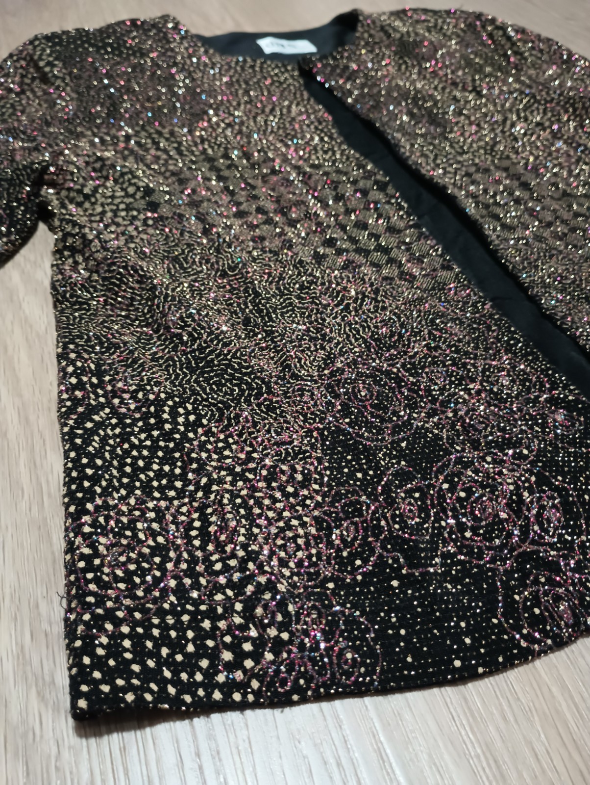 Vtg 80s J.B.S. LTD. Stretchy Metallic Jeweled Sparkly Color Open Front Jacket S