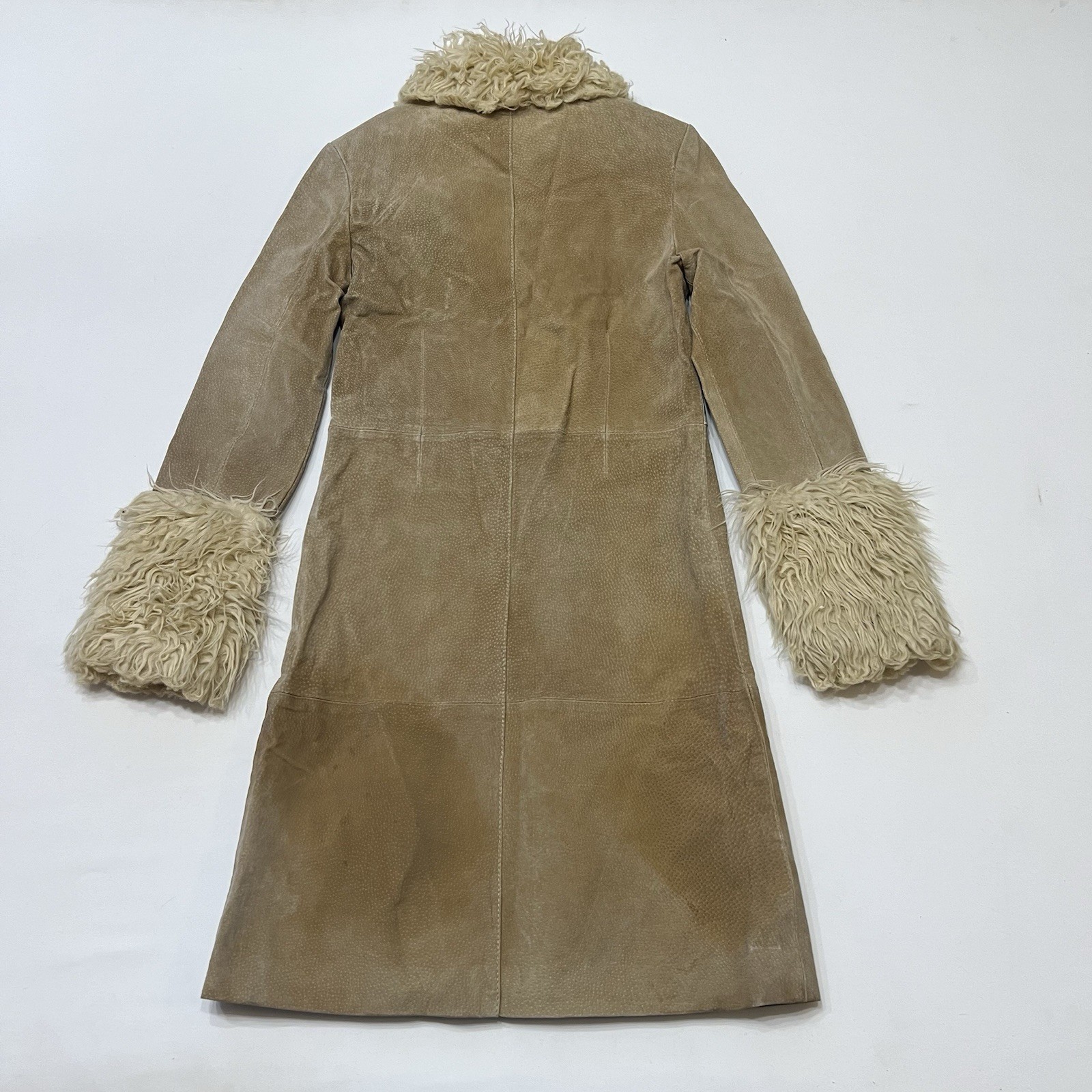 Vintage Blue Asphalt Penny Lane Coat Tan Suede Leather Faux Fur Trim size Small