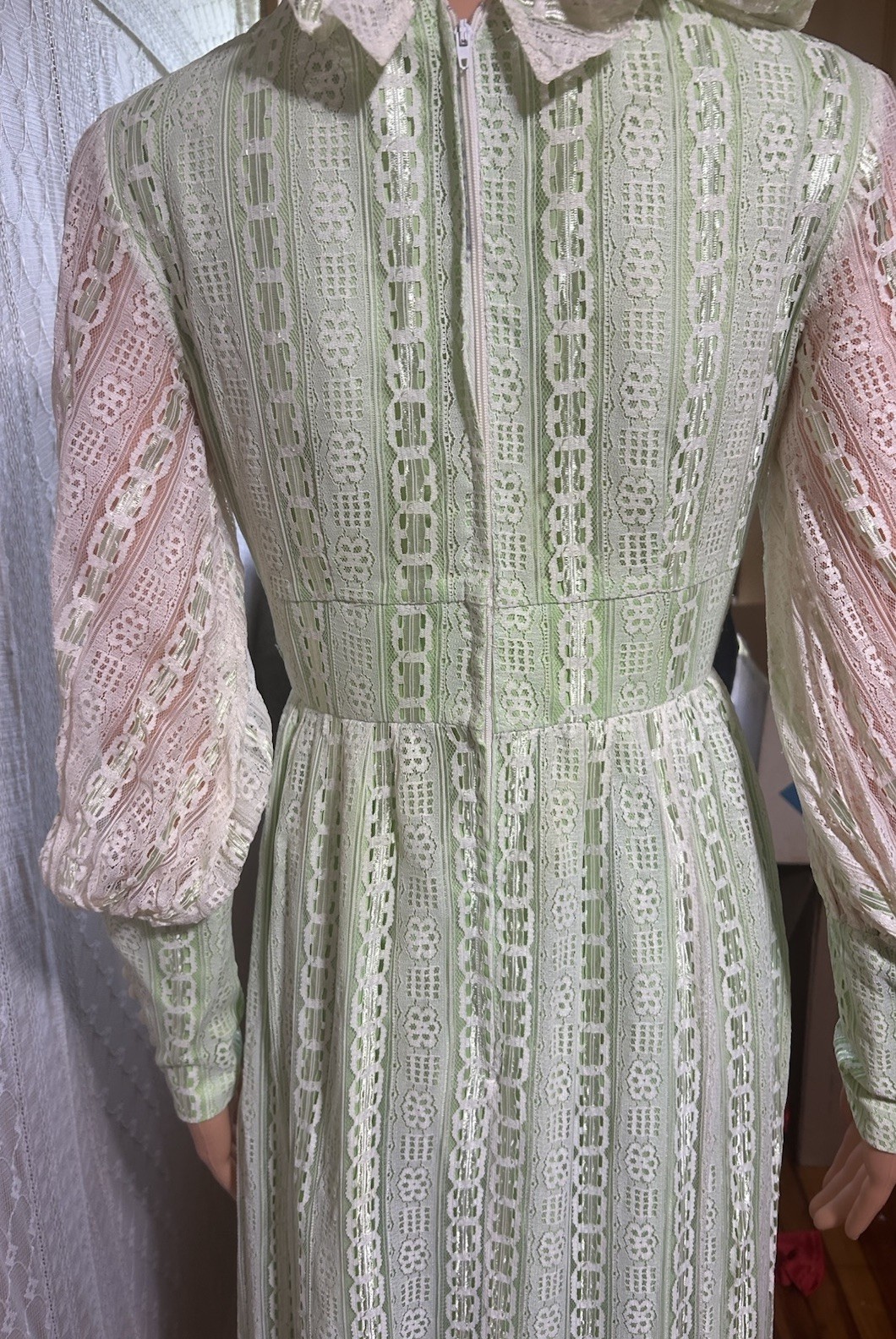 Vintage 1970s Prairie Dress Victorian Lace Folklore Cottagecore Lime Maxi S 27W