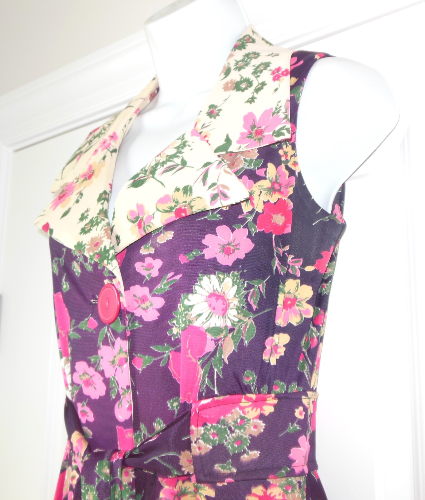Vintage Floral Dress sz ~S Large Collar Button Front w Belt 60’s 70’s Sleeveless