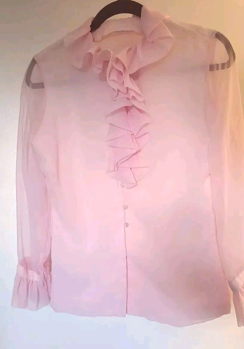 Saks 5th Ave Blush Pink Button Top Ruffle Old Money High Neck Collar Size Small