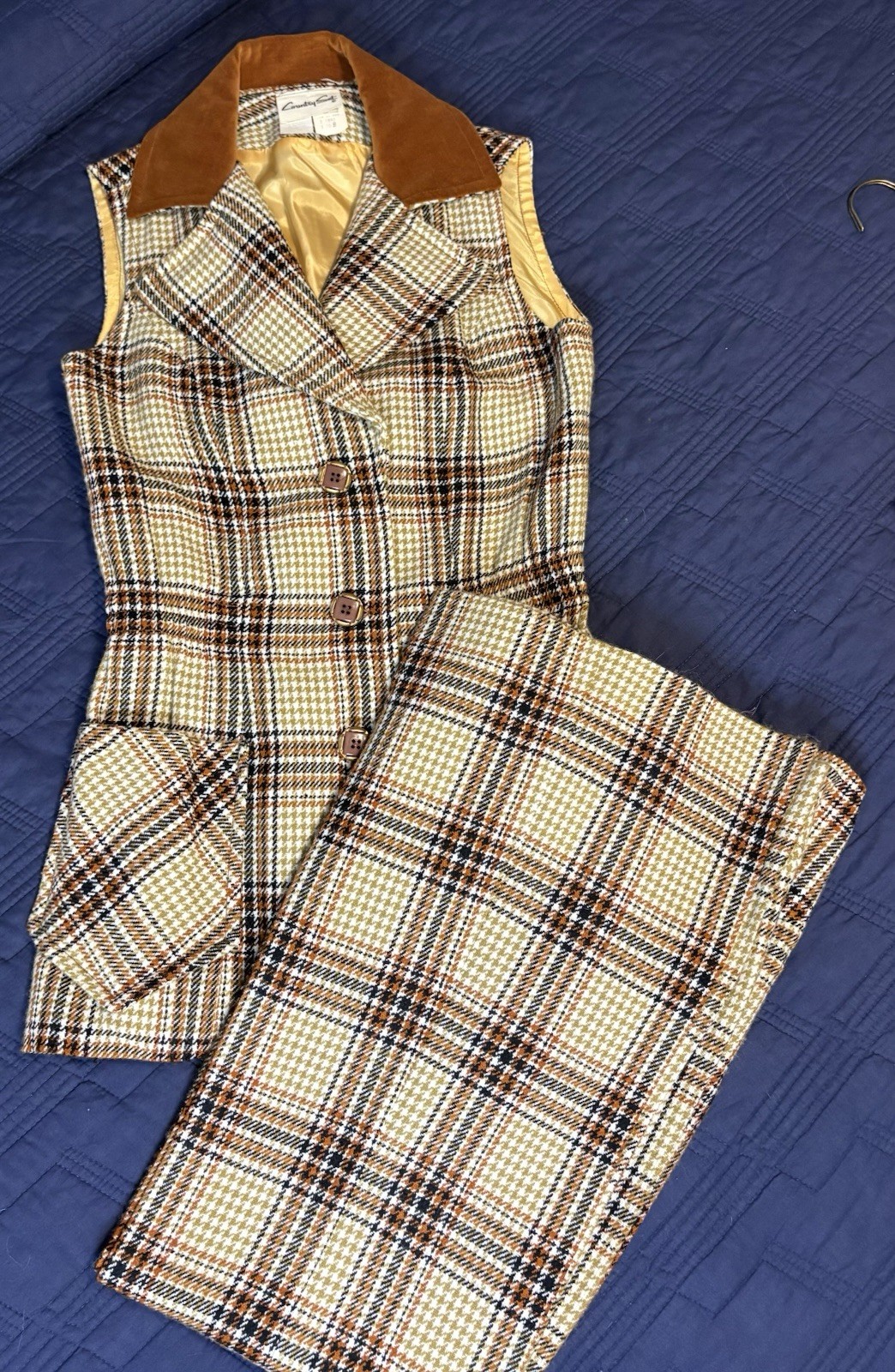 Vintage Country Set Plaid Vest & Skirt Set – Brown Tan Houndstooth – Size 10