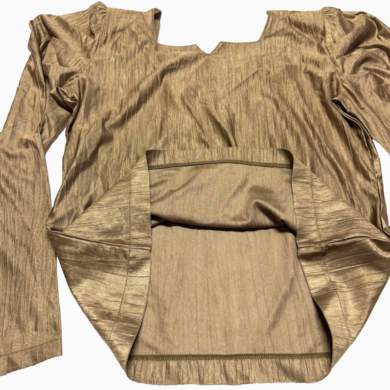 Vintage 90s Made in Japan CREA Bronze Gold Micro Pleated Metallic Top Blouse S/M