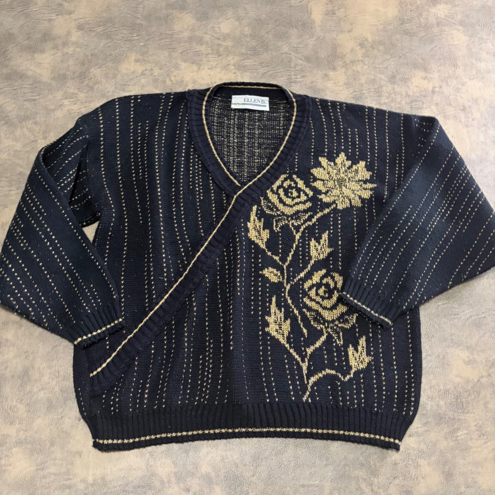 Ellend Sweater Womens XL Black Gold Metallic Floral Rose Knit V-Neck Vintage