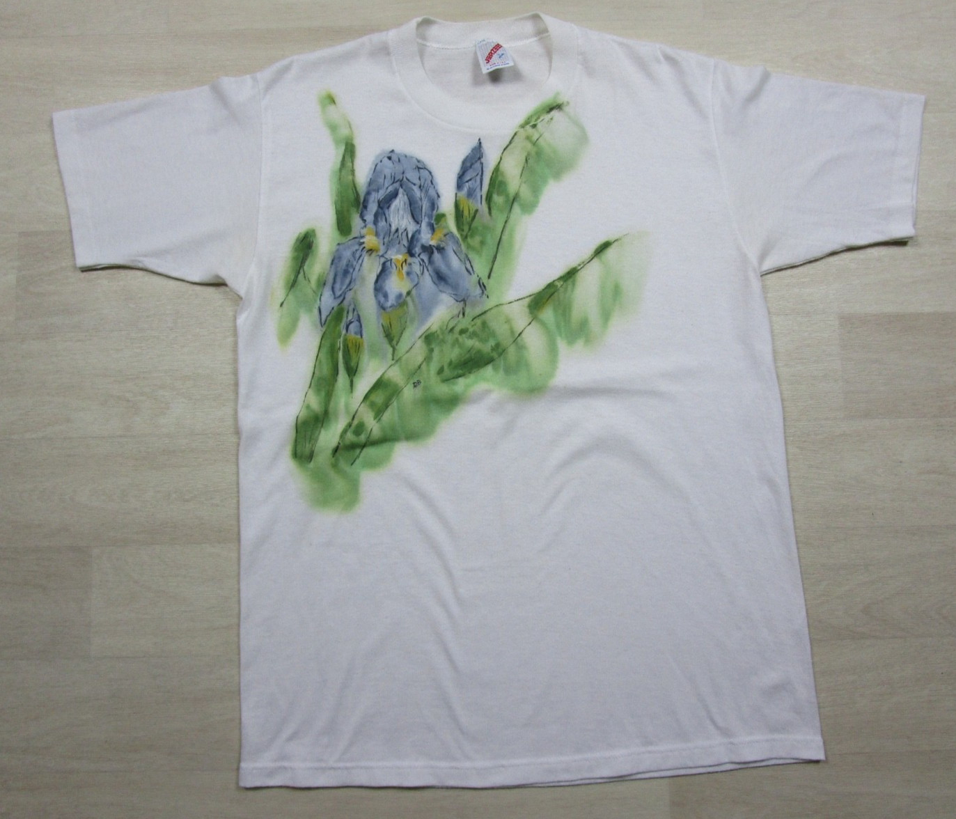 Vintage 90s Hand Painted Watercolor T-Shirt (M) Single Stitch Floral Blue Iris