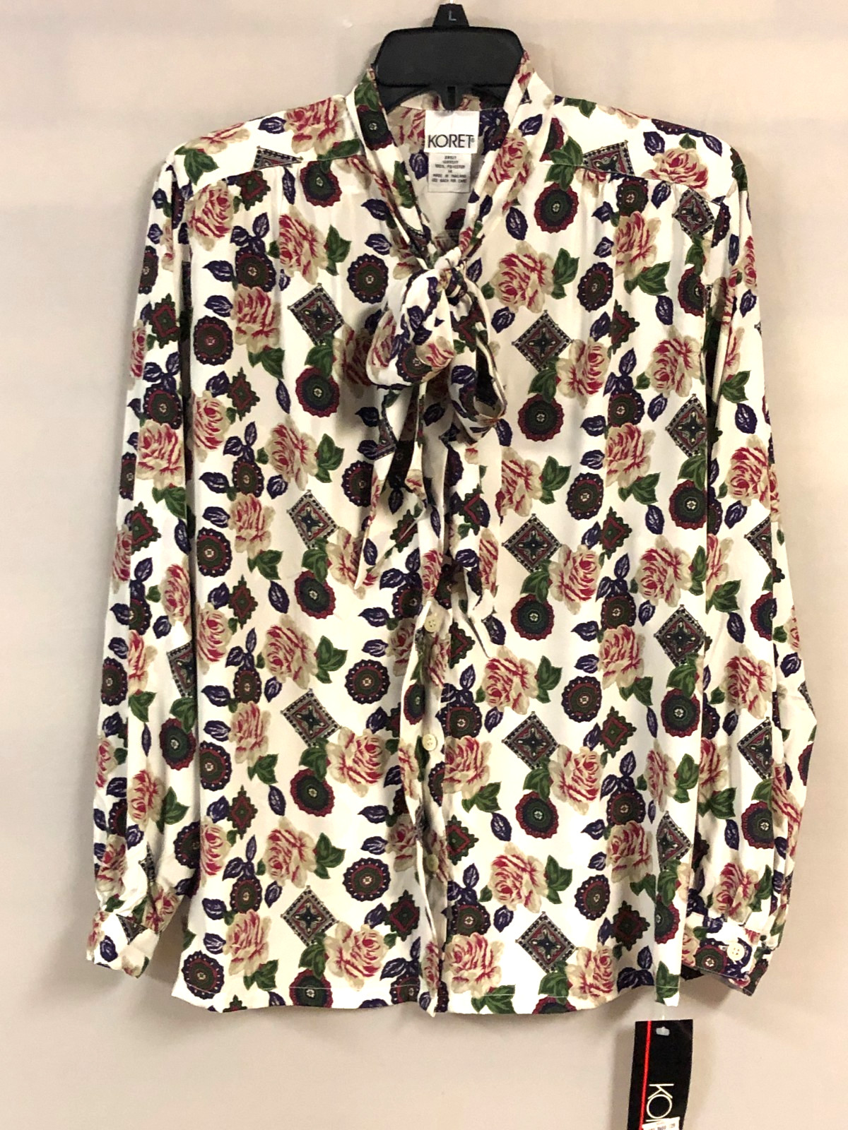 Vintage Koret Floral Blouse Pussy Bow Silky Soft Size 14 Top Button Down NWT