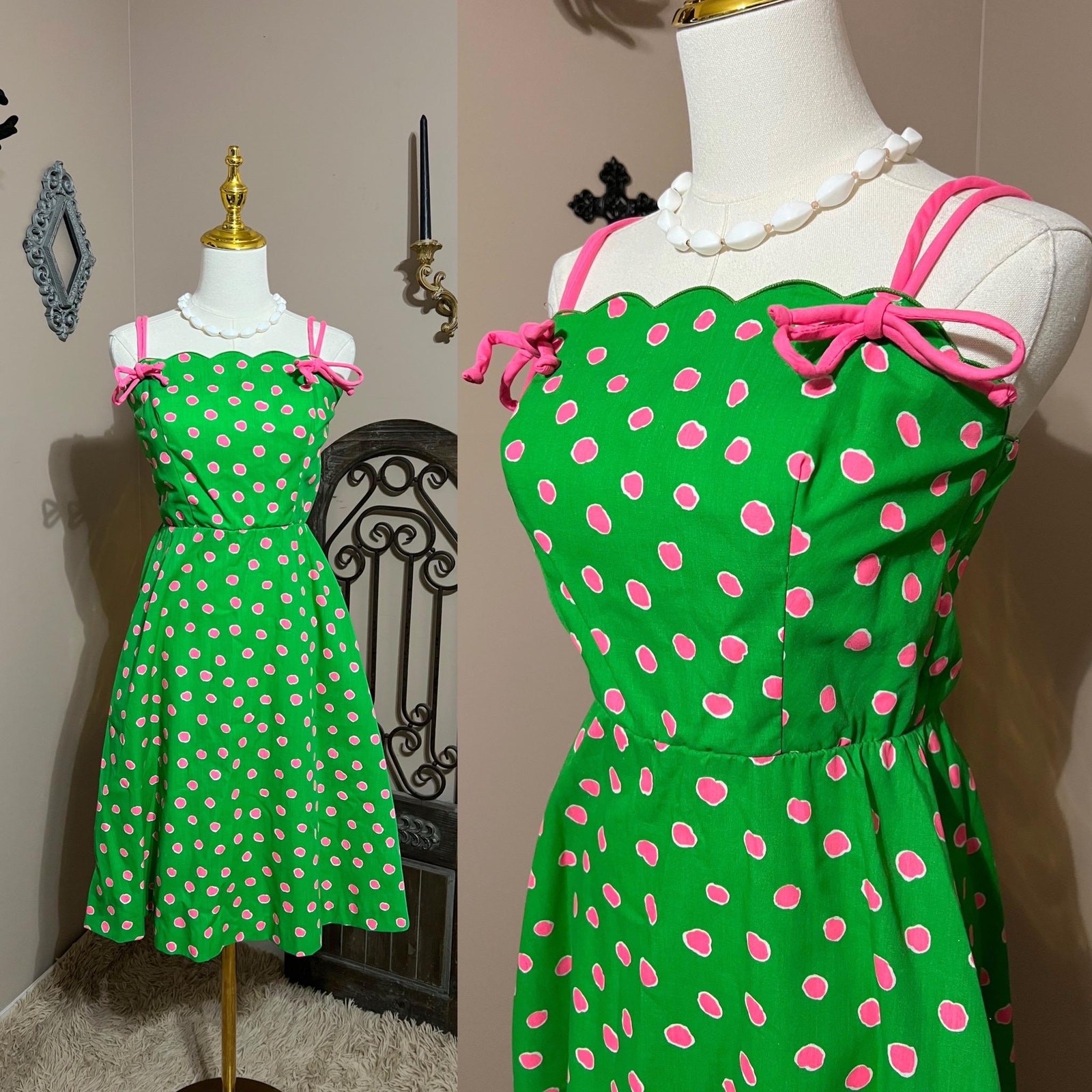 Vintage 60s 70s Green & Pink Polka Dot Tank Sundress Colorful Retro Mod Size S
