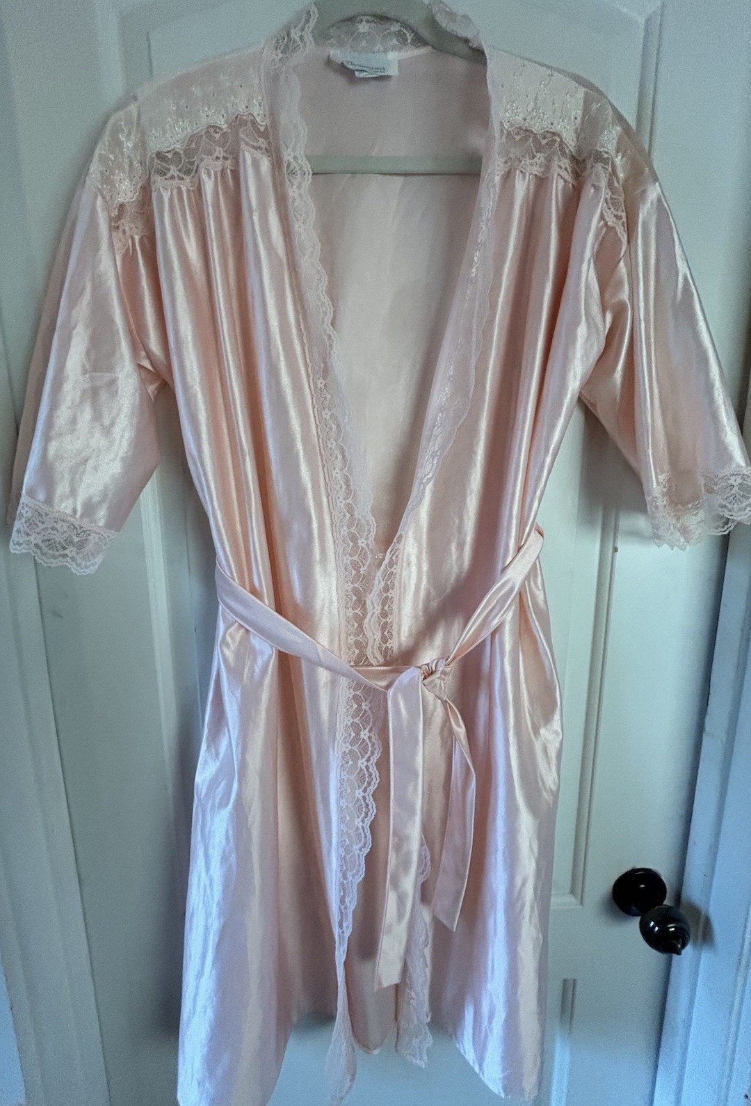 Vintage Pink Lace Trim Short Robe Belted Dreamwear Lingerie Made In USA Size L