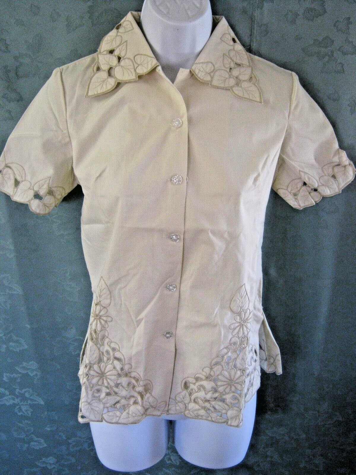 VTG Miss Joyce Shirt Size Small Tan Embroidered Lace Detail Wide Collar Top
