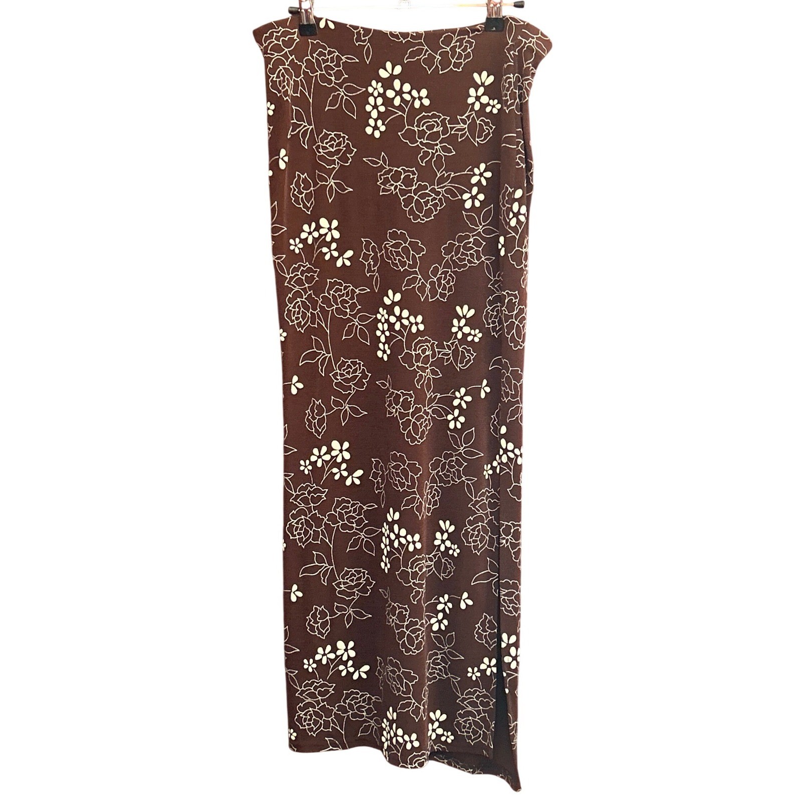 90s Es-Se Maxi Skirt Whimsigoth Floral Boho Brown Column Slit Vintage USA Made