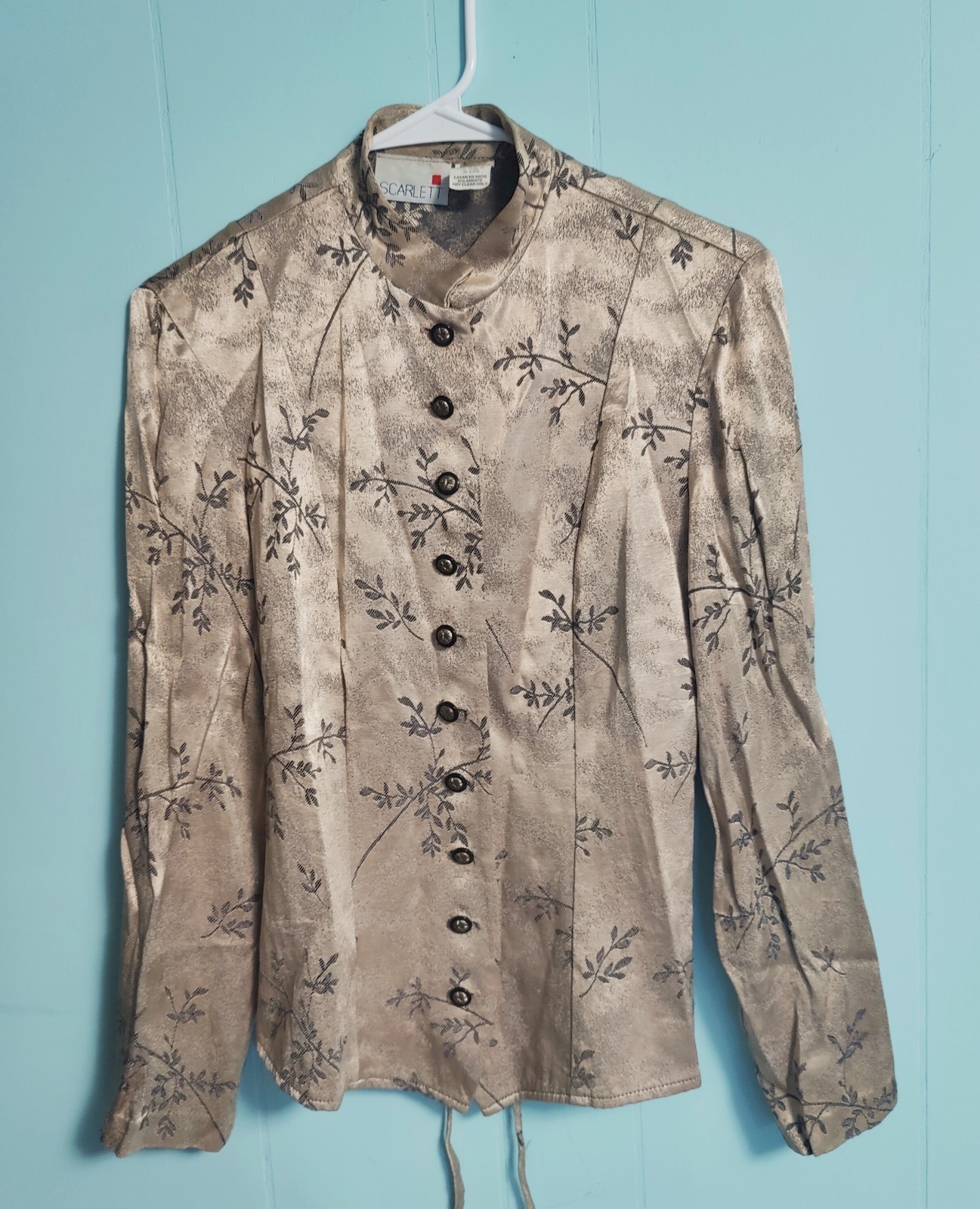 Vintage 1990s Silky Mandarin Collar Gold Blouse With Leaf Detail