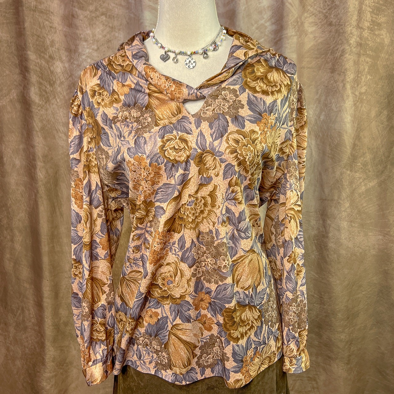 Vintage 70s Polyester Blouse Floral Tie Neck Earthy Multicolor Retro Disco