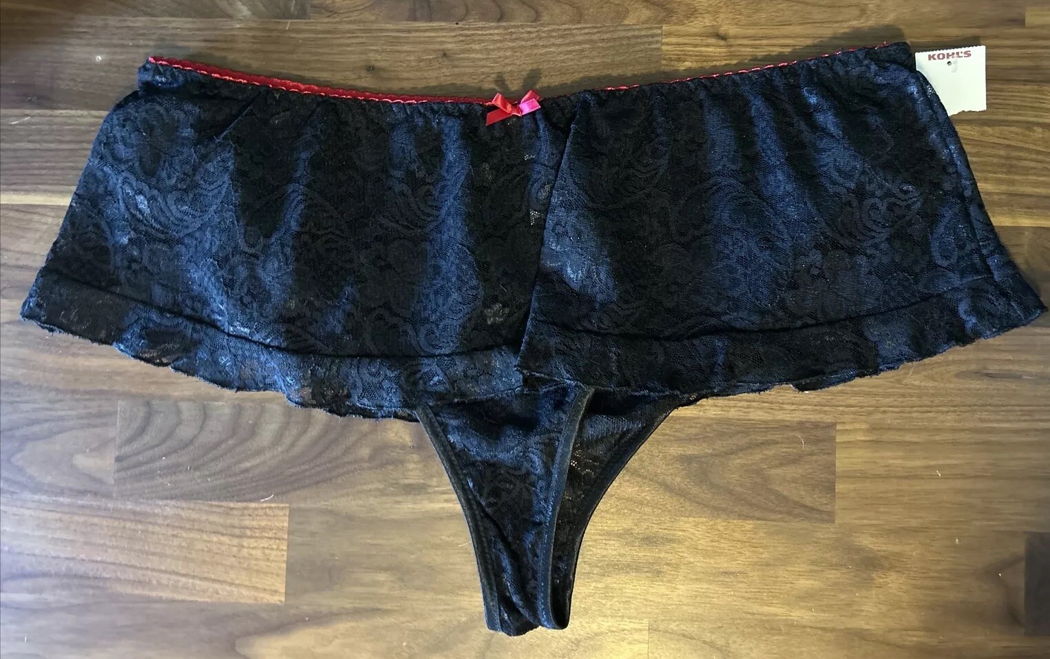 VINTAGE BLACK LACE THONG SKIRT BIKINI PANTY sz XL Red Trim Sexy