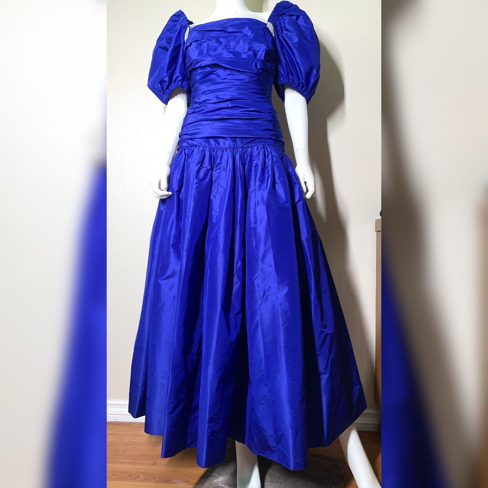 Carolyne Roehm Vintage 80s Blue Gown Evening Dress Ruched Puff Sleeve Rhinestone