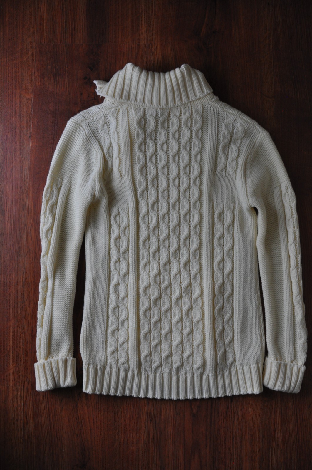 70s Vintage Cream Chunky Cable Knit Buttons Turtleneck Fisherman Sweater Women S