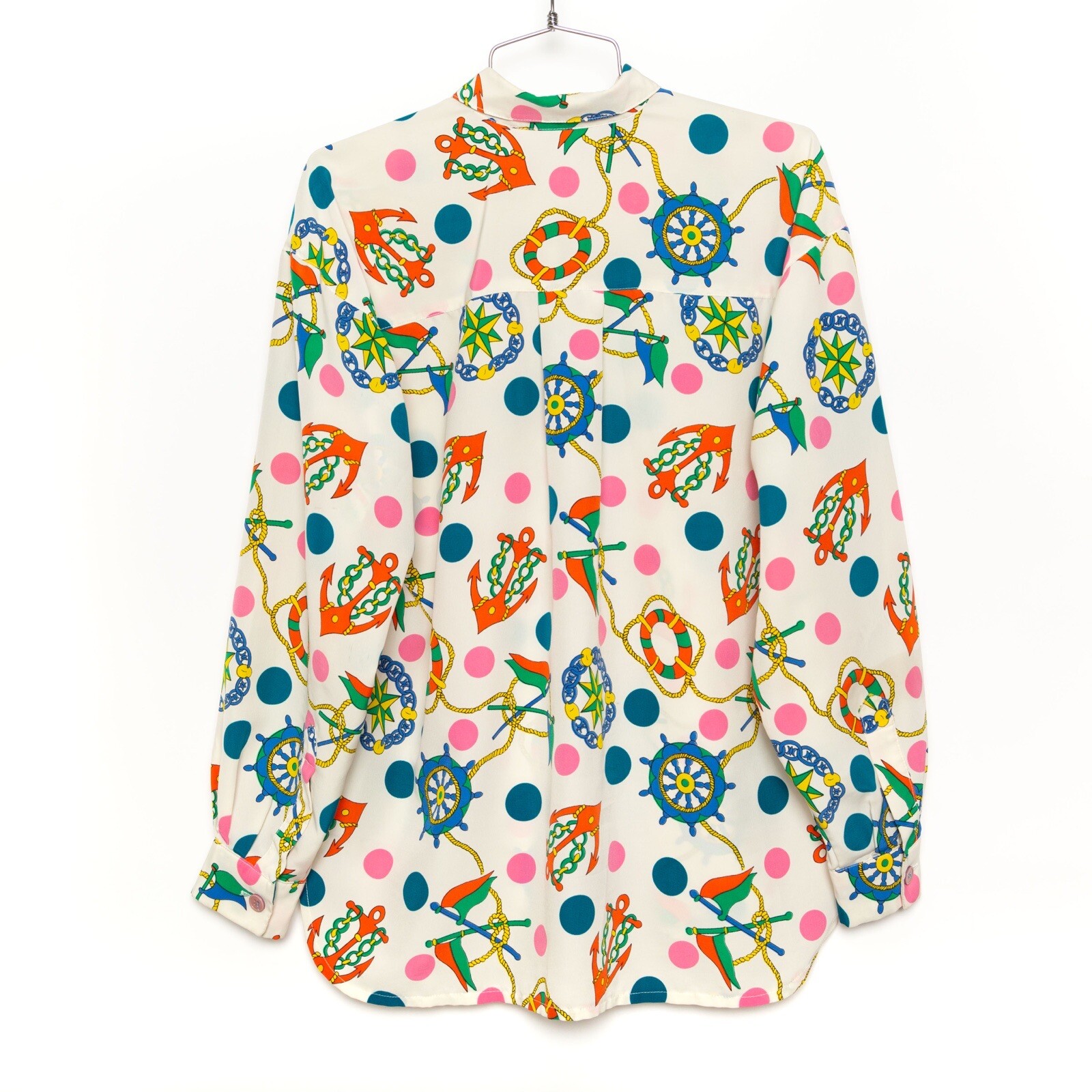 Vintage Nautical Anchor Print Blouse Multicolor Polka Dots, Approx. S M