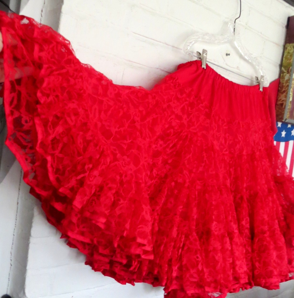 Vntg Slip Can Can Skirt Petticoat RED LACE satin edge binding waist up to 38″