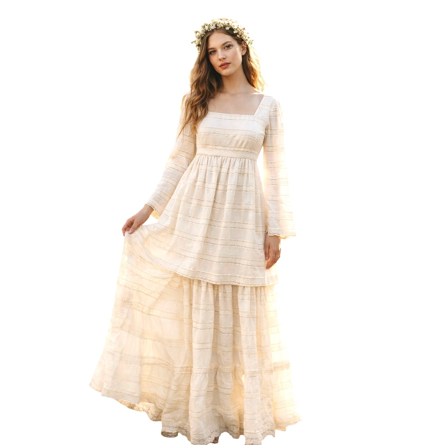 VTG 1970s Prairie Wedding Gown Ivory Lace Cotton Boho Bridal Romantic S