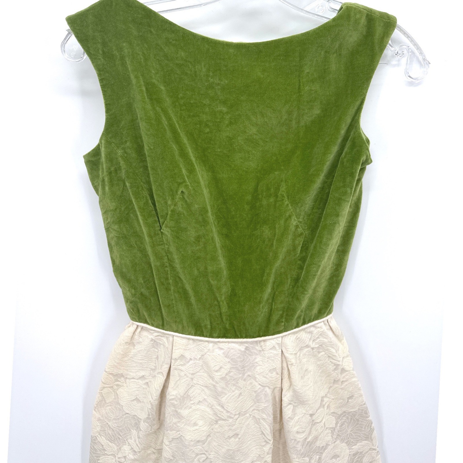 VTG 1960’s Green Velvet Cocktail Dress Cream Floral Brocade Luxury Rockabilly