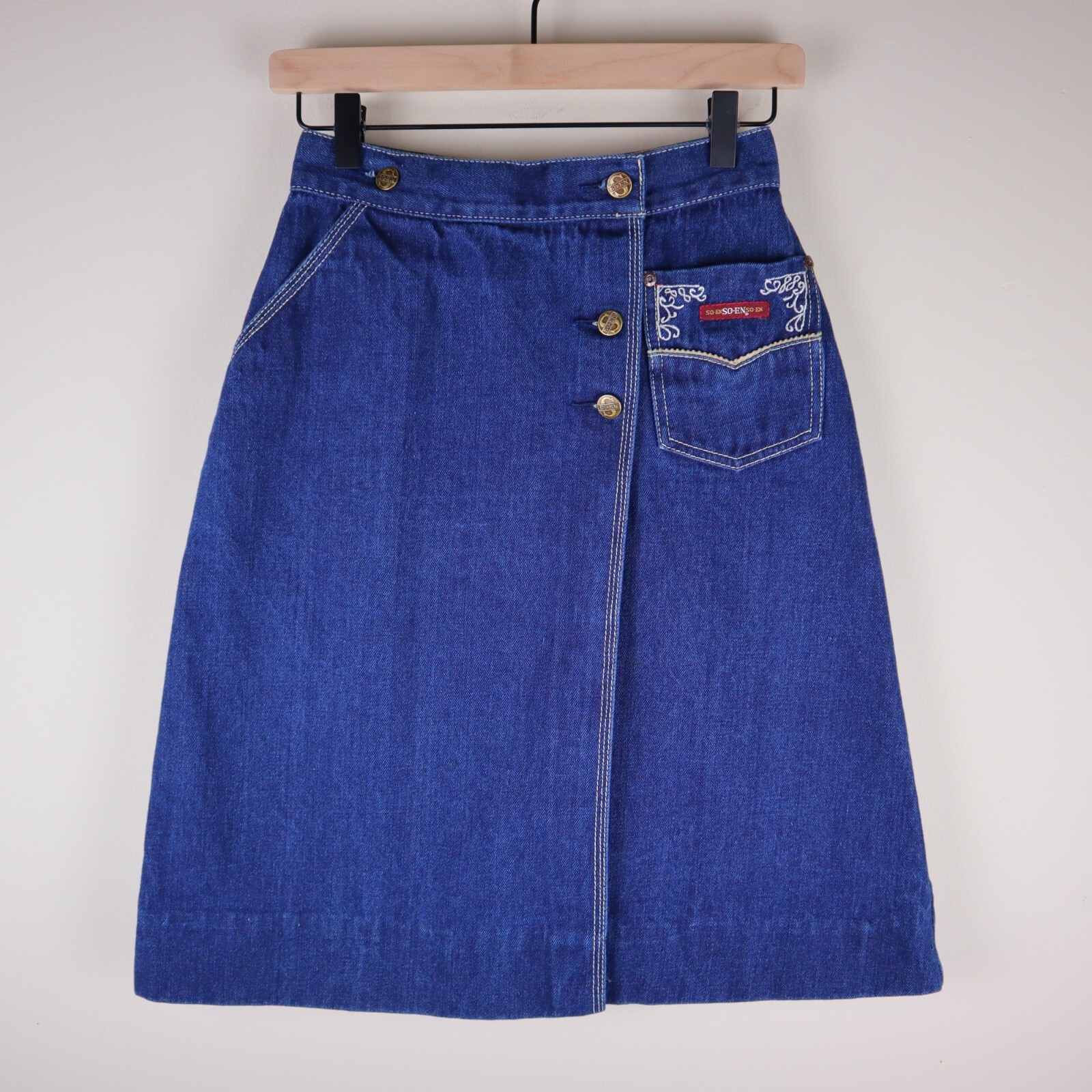 Vintage So-En Denim Wrap Midi Skirt Size Medium Waist 12″ Length 24″