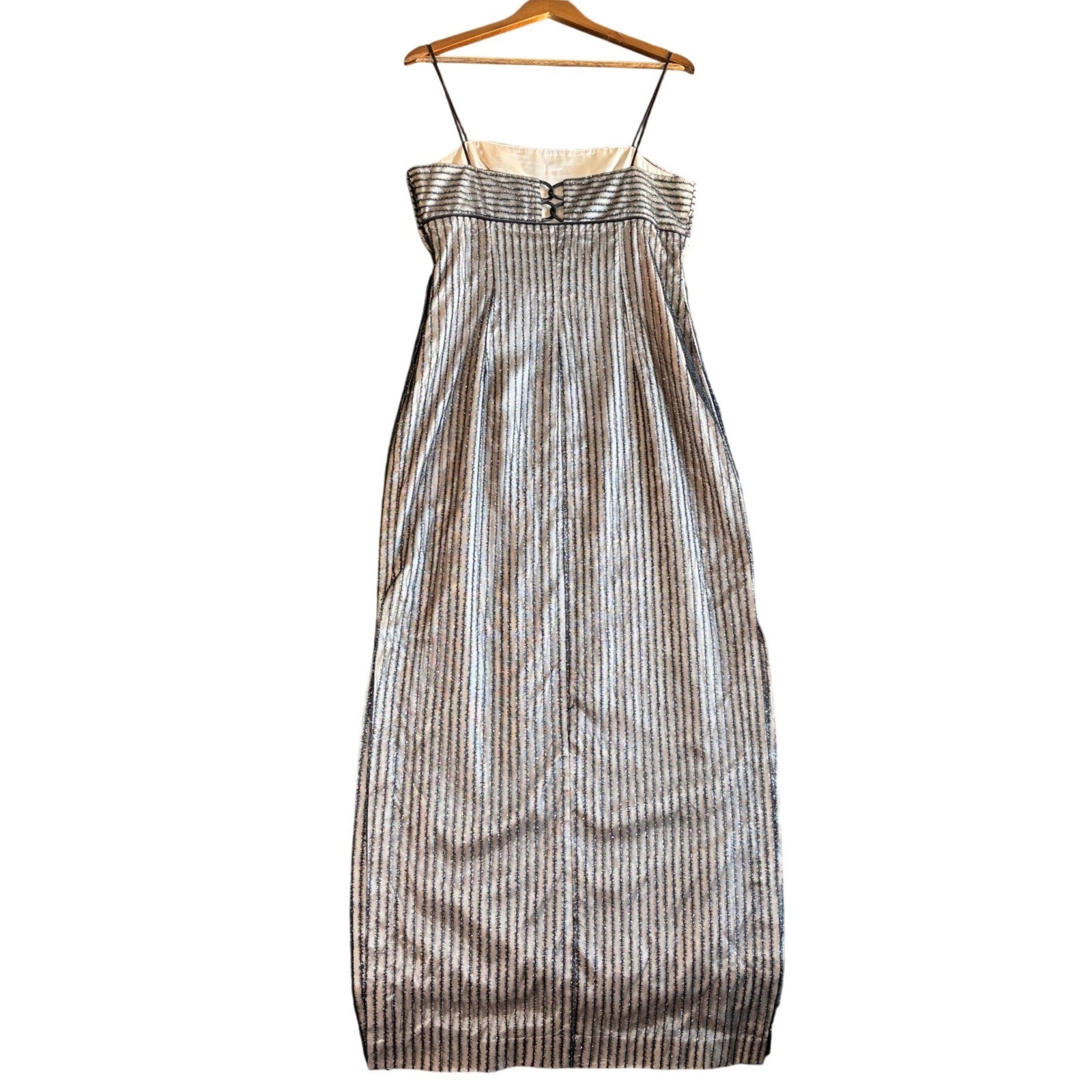 De-Laru by Sheila Yen Vintage Silver Metallic Striped Maxi Dress Size 13/14 4481