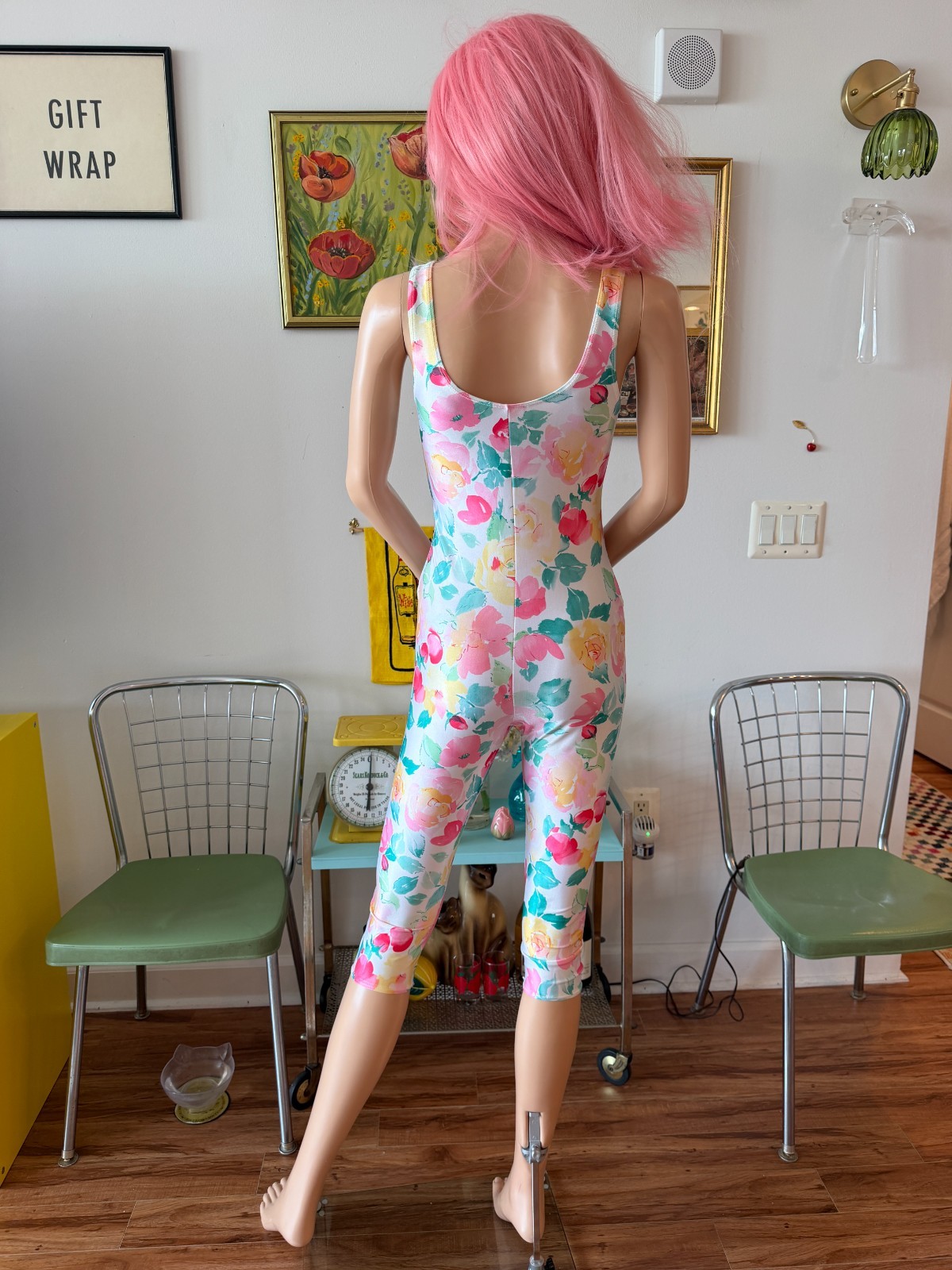 🌸 Vintage 80s Made in USA Floral Pastel Capri Leotard Spandex Jumpsuit M