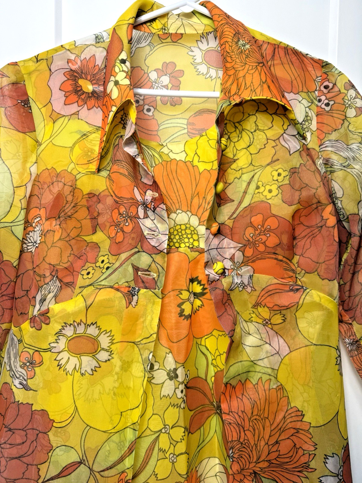 Vtg 60’S Groovy Orange Yellow Sheer Floral Maxi Dress Stiff Chiffon Long Jacket