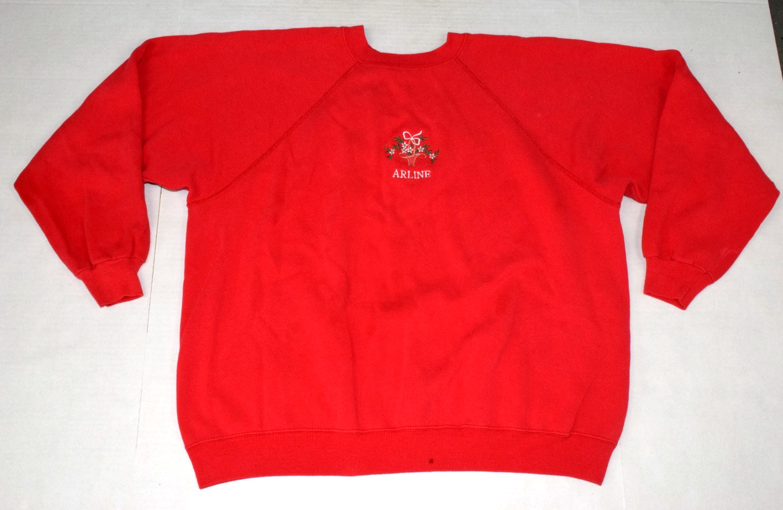 Vintage Raglan Sweatshirt Hanes Size XL 90s Cherry Red Arline Embroidery Made US