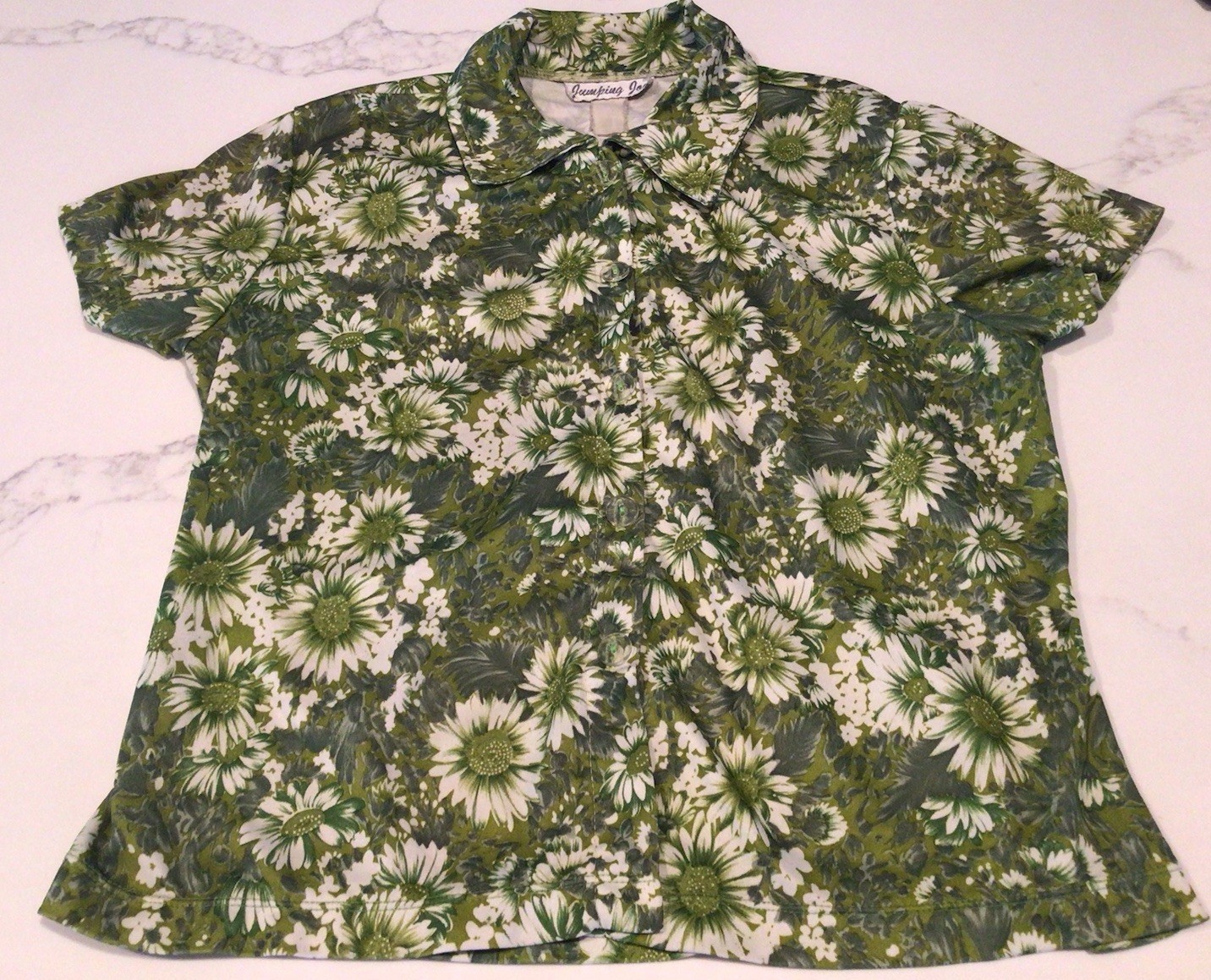 Vintage Y2K Jumping Joy Green Floral Flower Power Crop Button Front Shirt Top
