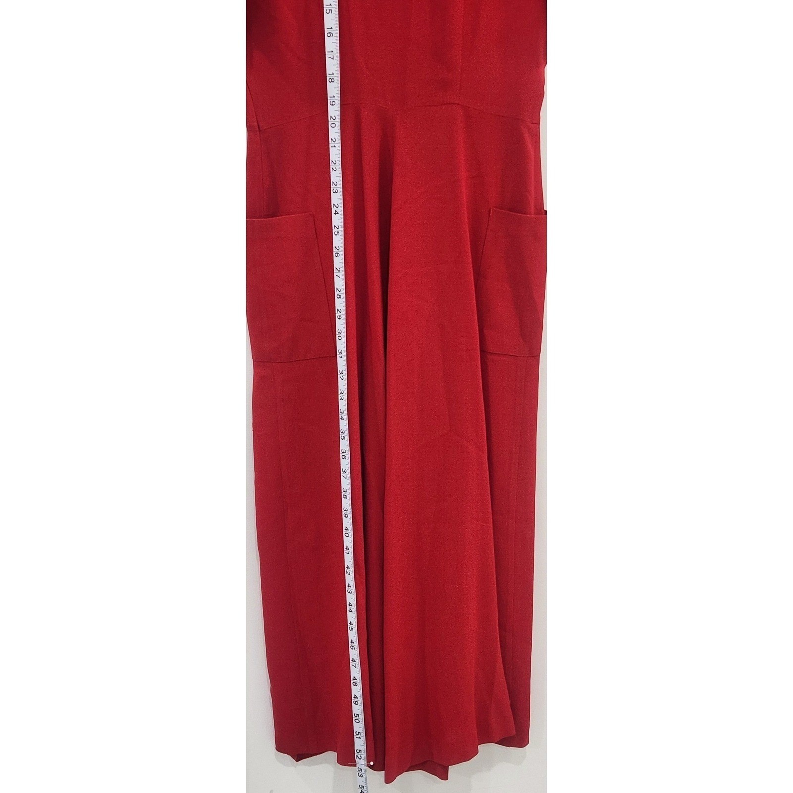Norma Kamali Vintage Red Pleated V-Neck Midi Dress with Pockets Size 42 US 10