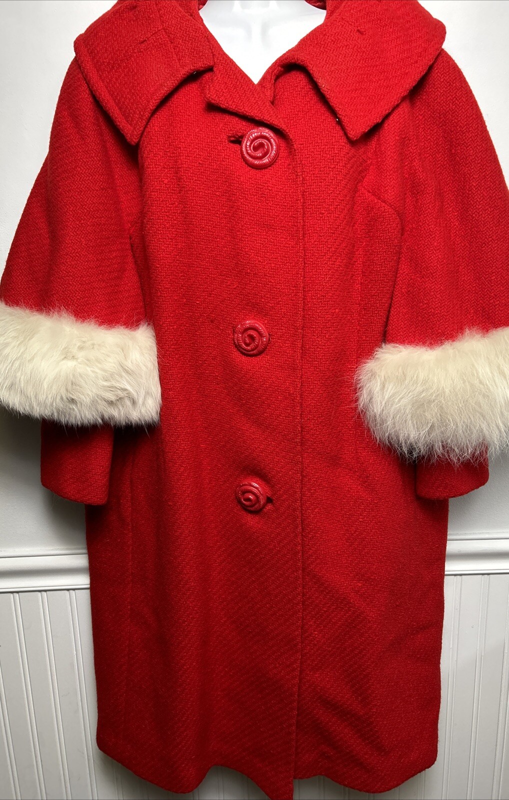 Vintage 50s 60s Red Wool w/ White Fur Trim Princess Coat Retro Thick Statement