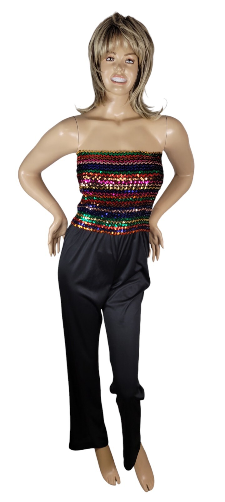 Vintage 70s JC Penney Fashions Rainbow Sequin Disco Halter Jumper Jumpsuit 13/14