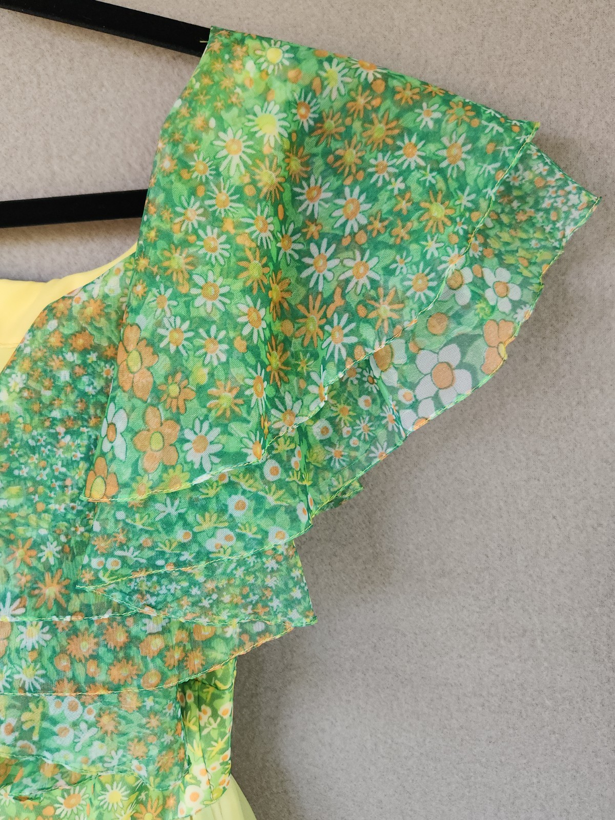 Vintage 60s Floral Chiffon Maxi Dress Ruffle Flutter Capelet Yellow Green Party