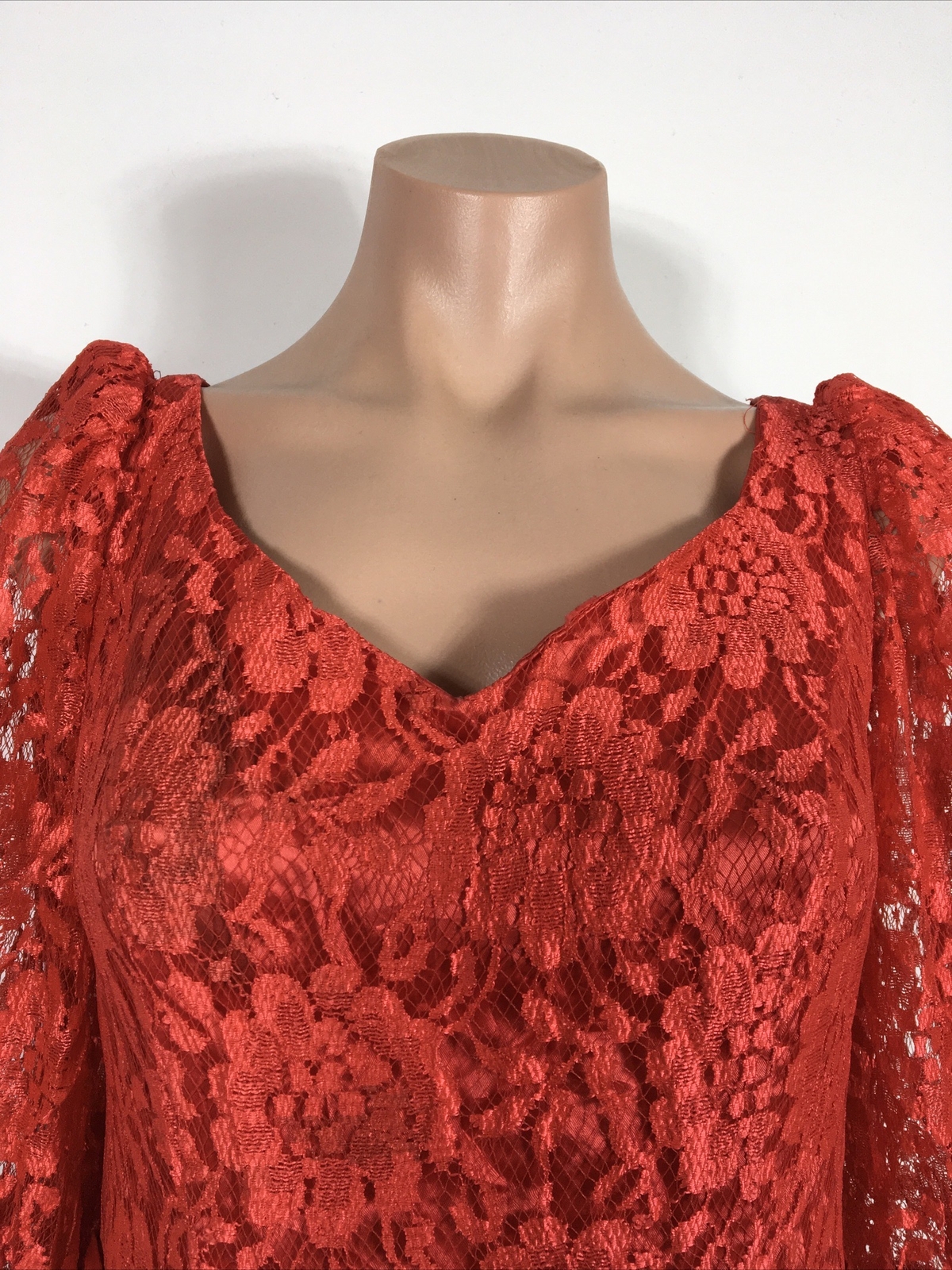 VTG 80s Prom Red LACE PUFFY BUBBLE SLEEVE Party Formal Bows Evening Dress Gown S