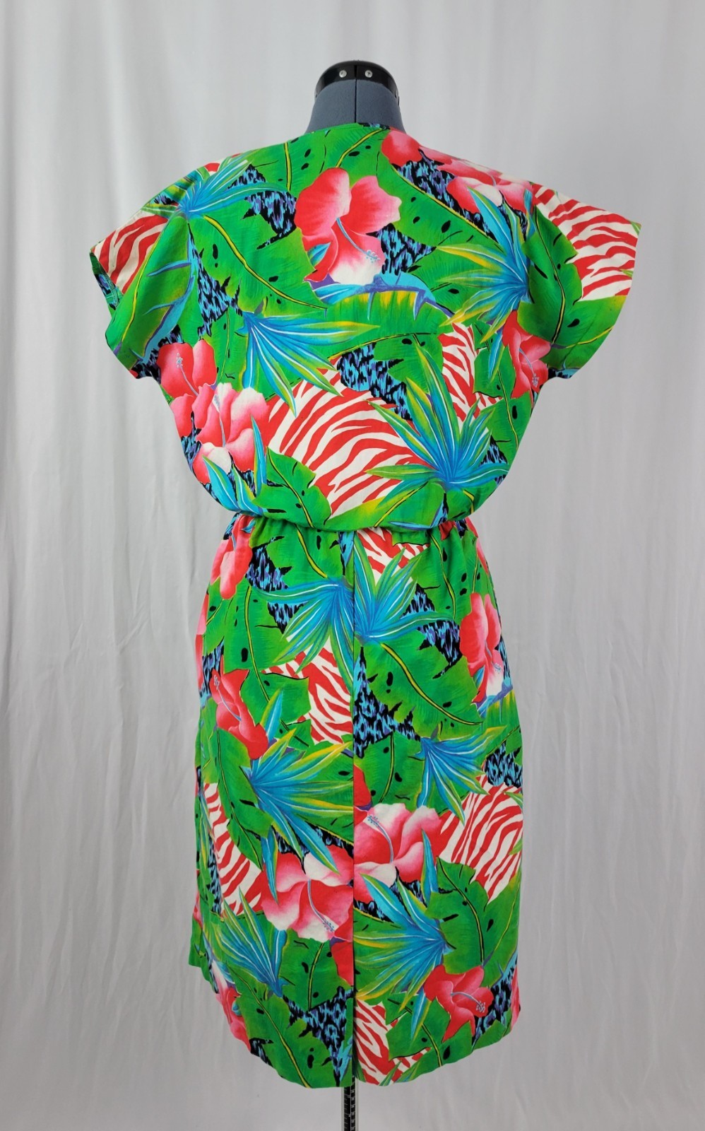 Vtg Green/Red/Blue Tropical Print Wrap Bodice Dress w Elastic Waist Size Med?
